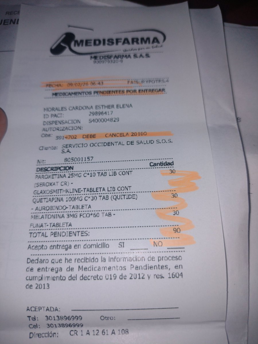 AlmecigaJaime's tweet photo. @Eps_Sos @Supersalud Buenos días 
Denuncio no entrega de medicamentos
Vitales para una aceptable calidad de vida, por parte Medisfarma operador de la EPS SOS, van 2 meses que no la entregan. https://t.co/pcKrZxFNog