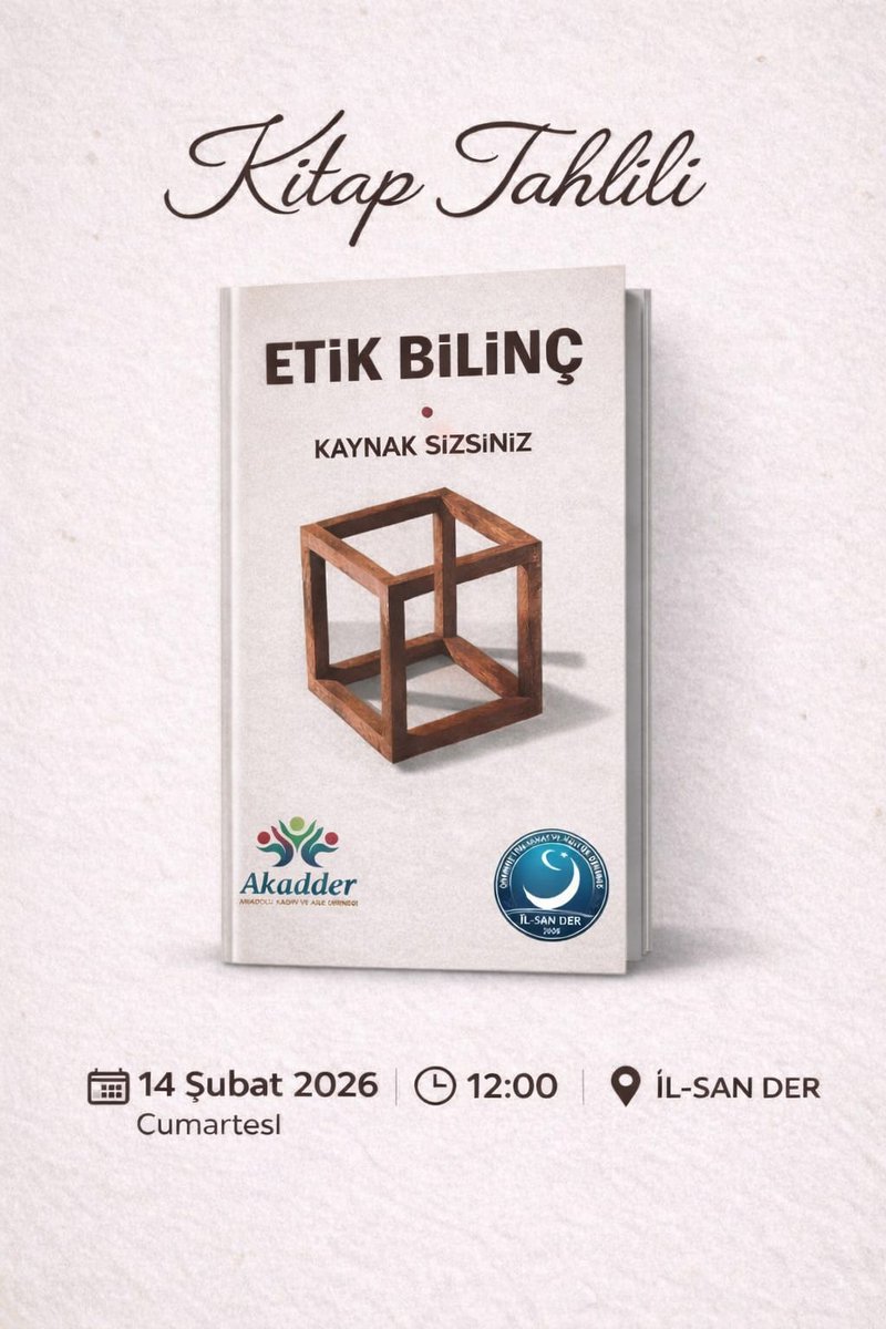 Akadder Osmaniye temsilciliğimizde 14 Şubat cumartesi günü  Mehmet Türkeri'nin Etik Bilinç  kitabı Dürdane Ateş'in moderatörlüğünde Nesrin Karataş'ın sunumuyla tahlil edilmiştir.