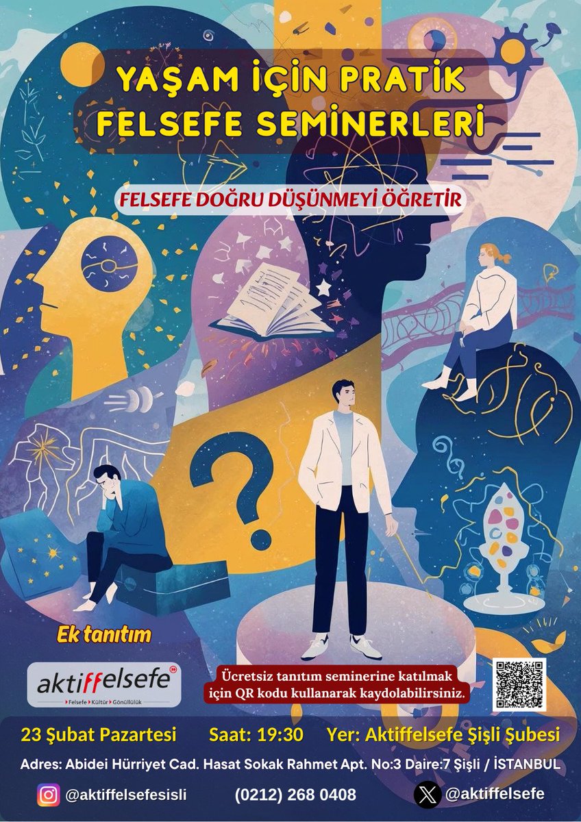 Felsefe, doğru düşünmeyi öğretir.
Geçmişin bilgelerinden derlenen Yaşam İçin Pratik Felsefe Seminer Dizisi, günümüz sorunlarına yeni ve derinlikli bir bakış açısı sunmayı amaçlıyor.