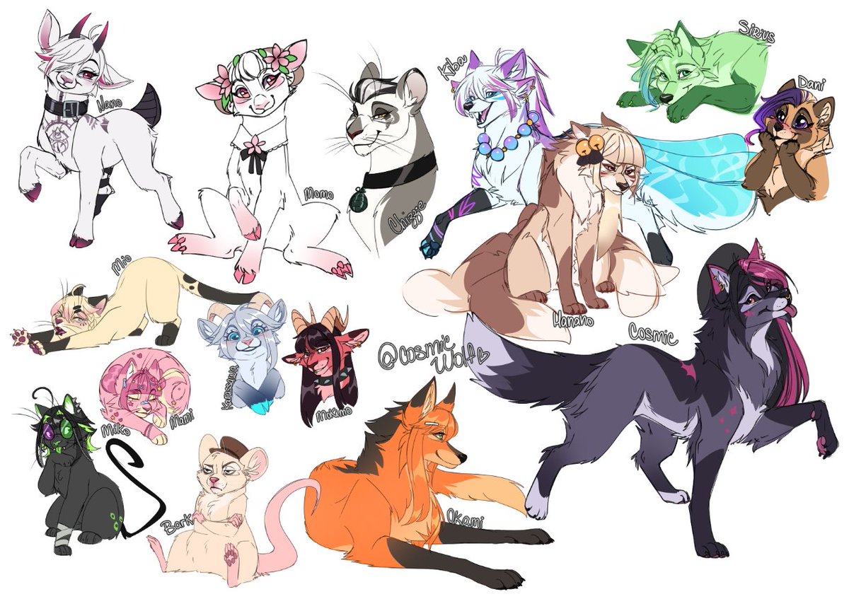 I finally finished this first feral friends sheet o/
None of them have a Fursona, I was just having fun practicing how to draw different animals again
I want to open Furry comissions soon, probably next month hehe
Thank you for letting me transform you into something ♥