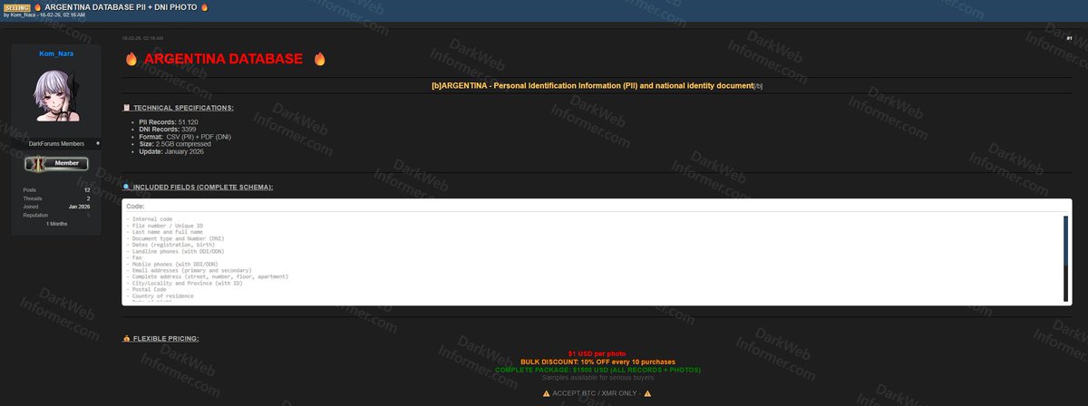 DarkWebInformer's tweet photo. ❗️🇦🇷 A threat actor is selling an alleged Argentine database containing 51,120 PII records and 3,399 DNI records with photos, updated January 2026.

The data includes full names, DNI numbers, dates of birth, phone numbers, emails, complete addresses, more.

Priced at $1 per photo or $1,500 for the complete package.