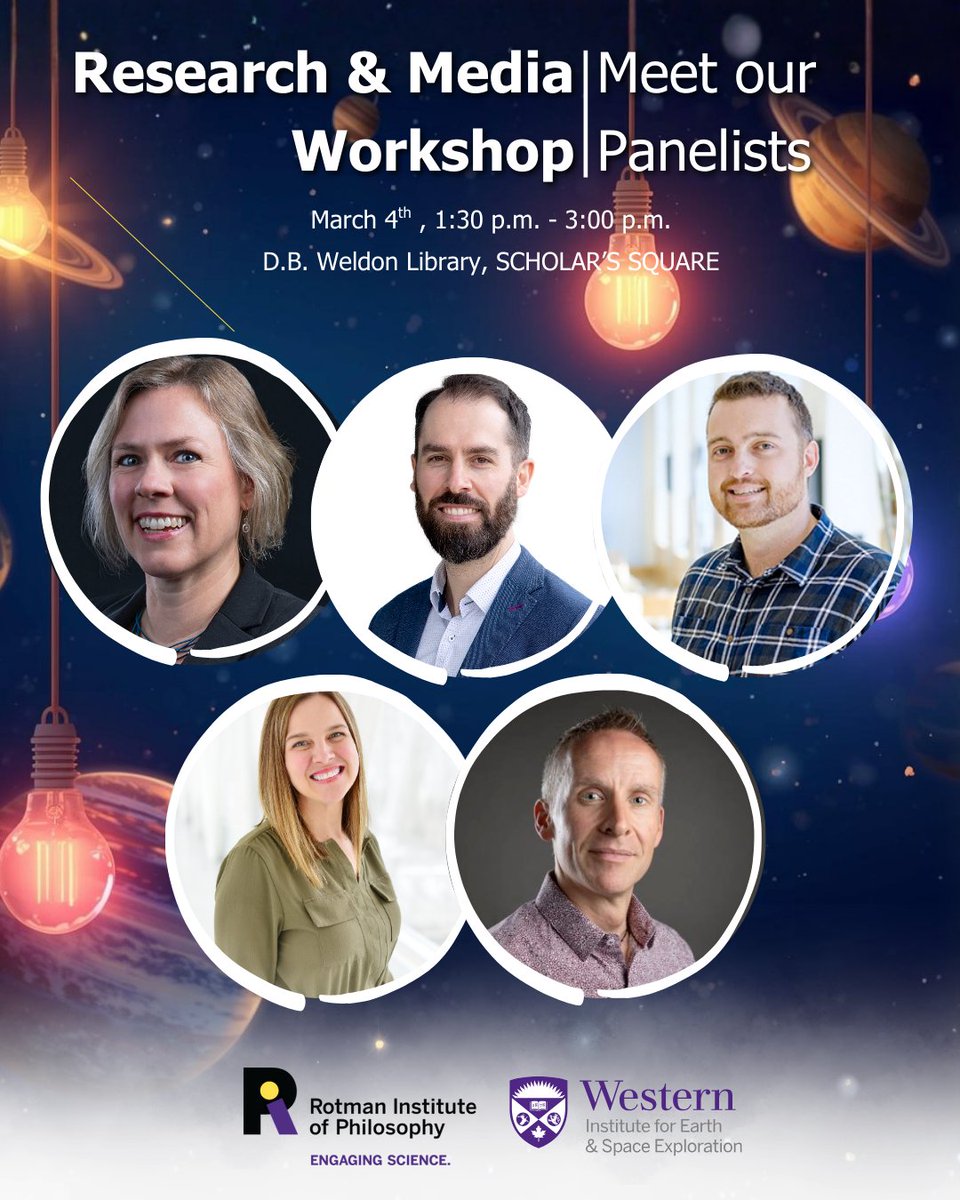 westernuSpace's tweet photo. Meet our speakers for the Research &amp; Media Workshop! 
 
This workshop focuses on strengthening academics’ engagement with media + journalists, + brings together scholars + experts from #WesternU Media Relations team to discuss expertise as they relate to engaging with the media. https://t.co/Xp8rMolKT2
