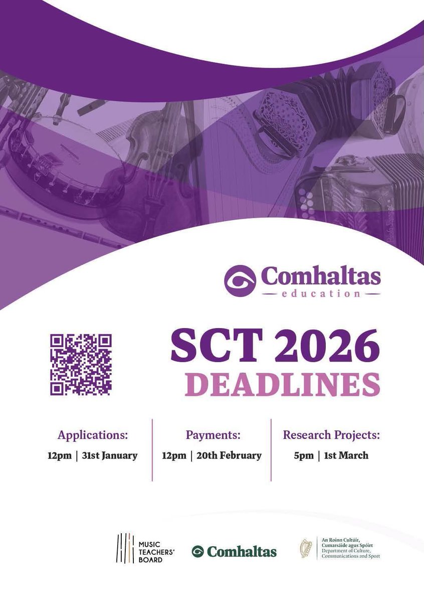 Comhaltas's tweet photo. REMINDER: PAYMENT FOR SCT 2026 Exams
Closing date for SCT PAYMENTS 
12pm (noon) on Friday 20th February 2026
No payments will be accepted after this date https://t.co/Mfr42rv0Uw