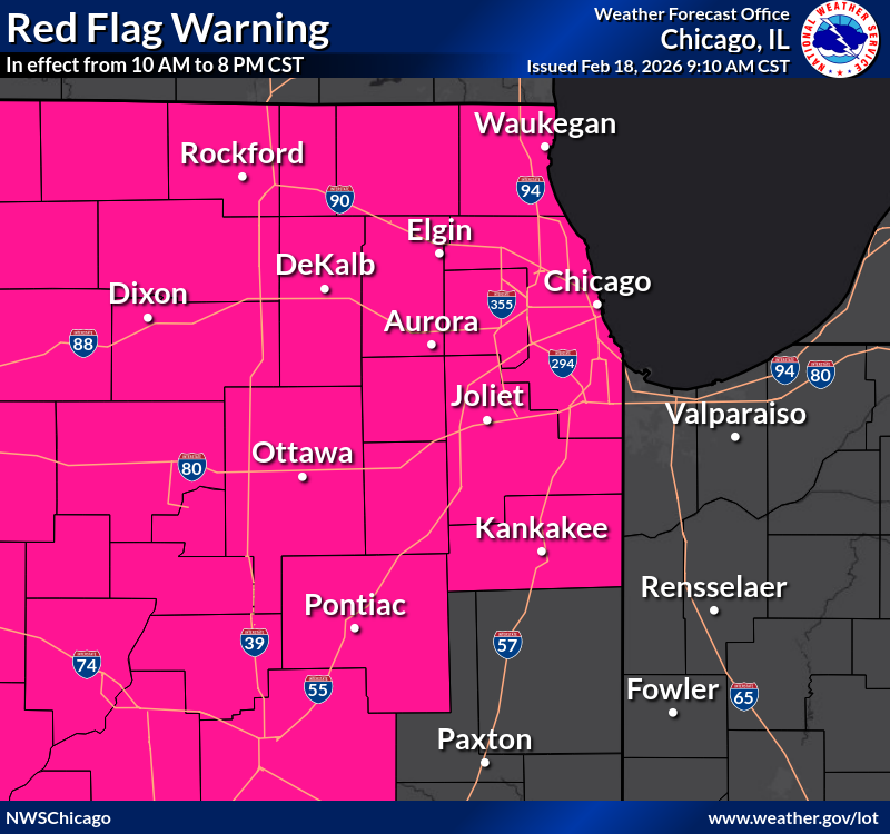 NWSChicago's tweet image. We expanded the Wind Advisory eastward to Lake Michigan (light brown shading)  
• Strongest winds will be primarily after 2 PM 
• Concern for peak gusts up to 50 mph this afternoon, particularly in #Rockford area  

We also expanded the Red Flag Warning (pink shading) #ILwx