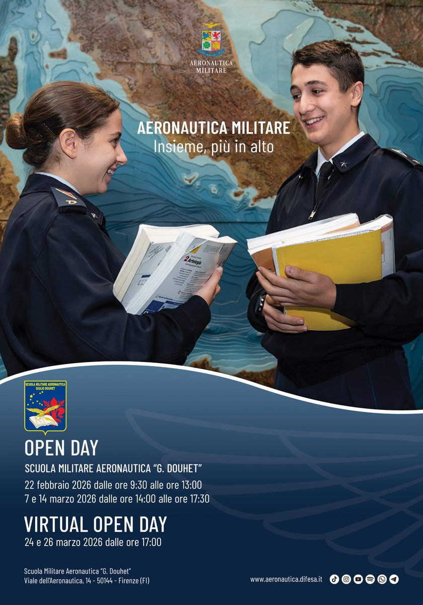 ItalianAirForce's tweet image. La Scuola Militare Aeronautica "Giulio Douhet" vi aspetta in occasione degli #OpenDay 2026.
Gli incontri sono dedicati a studenti e genitori interessati a conoscere l’offerta formativa e le numerose attività extracurricolari.
Maggiori dettagli
👉 aeronautica.difesa.it/open-day-scuol…