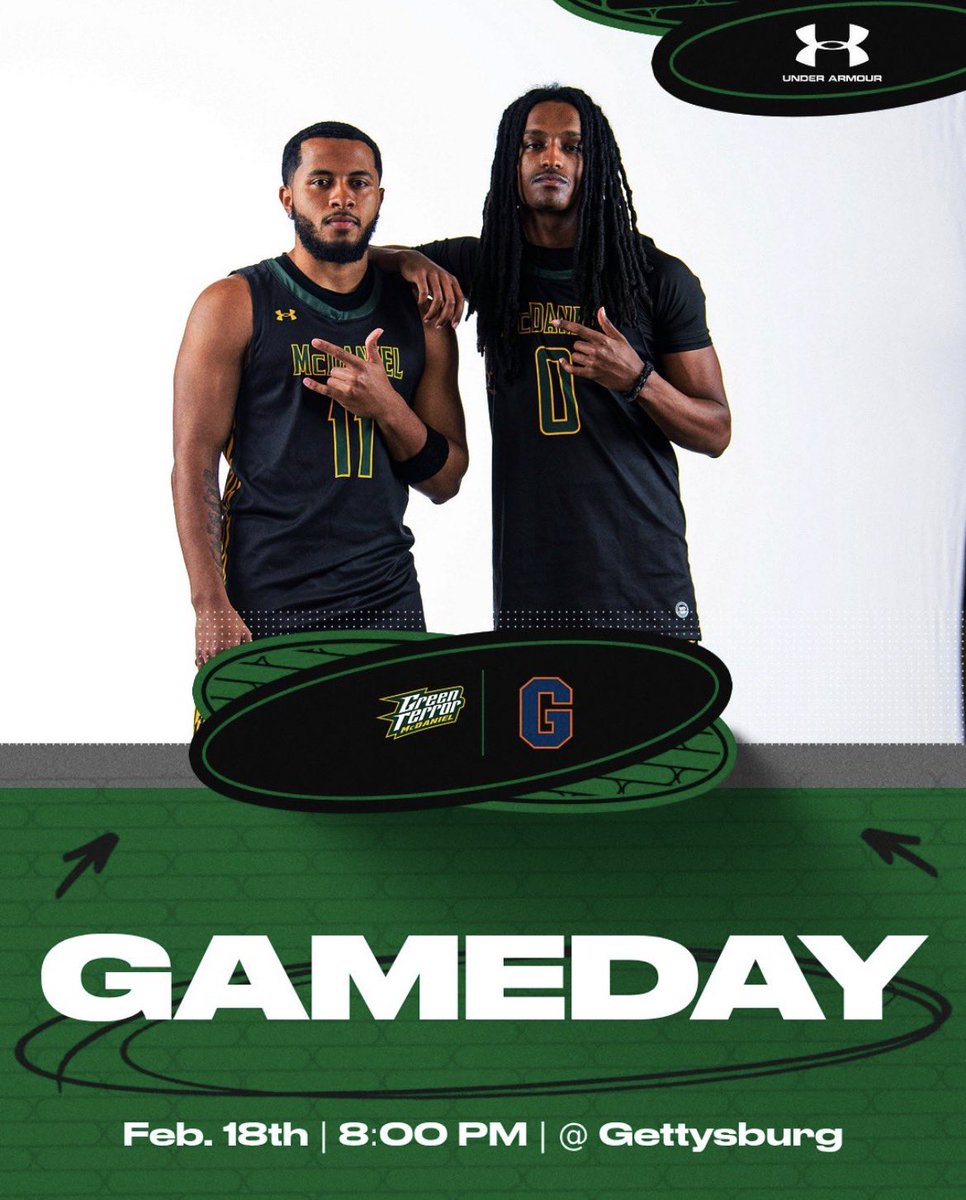 McDaniel_MBB's tweet photo. GAMEDAY!!! 

The Green Terror hit the road to take on Gettysburg College in a Centennial conference matchup. 

Tip off from Bream Gymnasium is set for approximately 8:00 PM. Live stream link is available below. 

https://t.co/PGqwyrfUhL

#GRITTY #ROLLTERROR 🟢🟡 https://t.co/wX3j4RVfI5