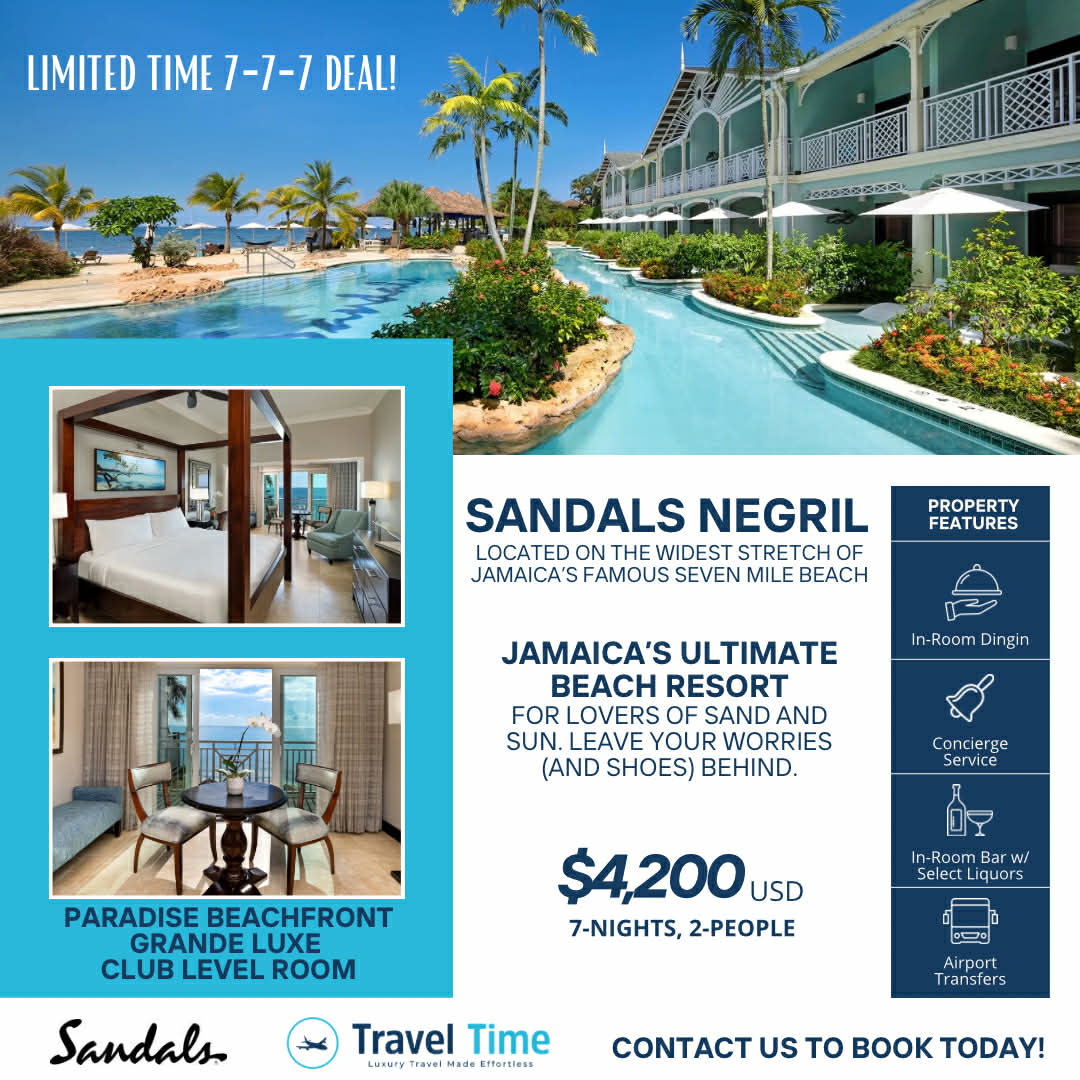 TravelTimeLois's tweet photo. Jamaica is calling… 
The ultimate beach resort at Sandals Negril. Seven nights of pure bliss, beachfront views, and world-class service starting at $4,200 USD for two people.
BONUS: Travel around your wedding anniversary date, and this room qualifies for an additional discount! https://t.co/rNh8w9AIX0