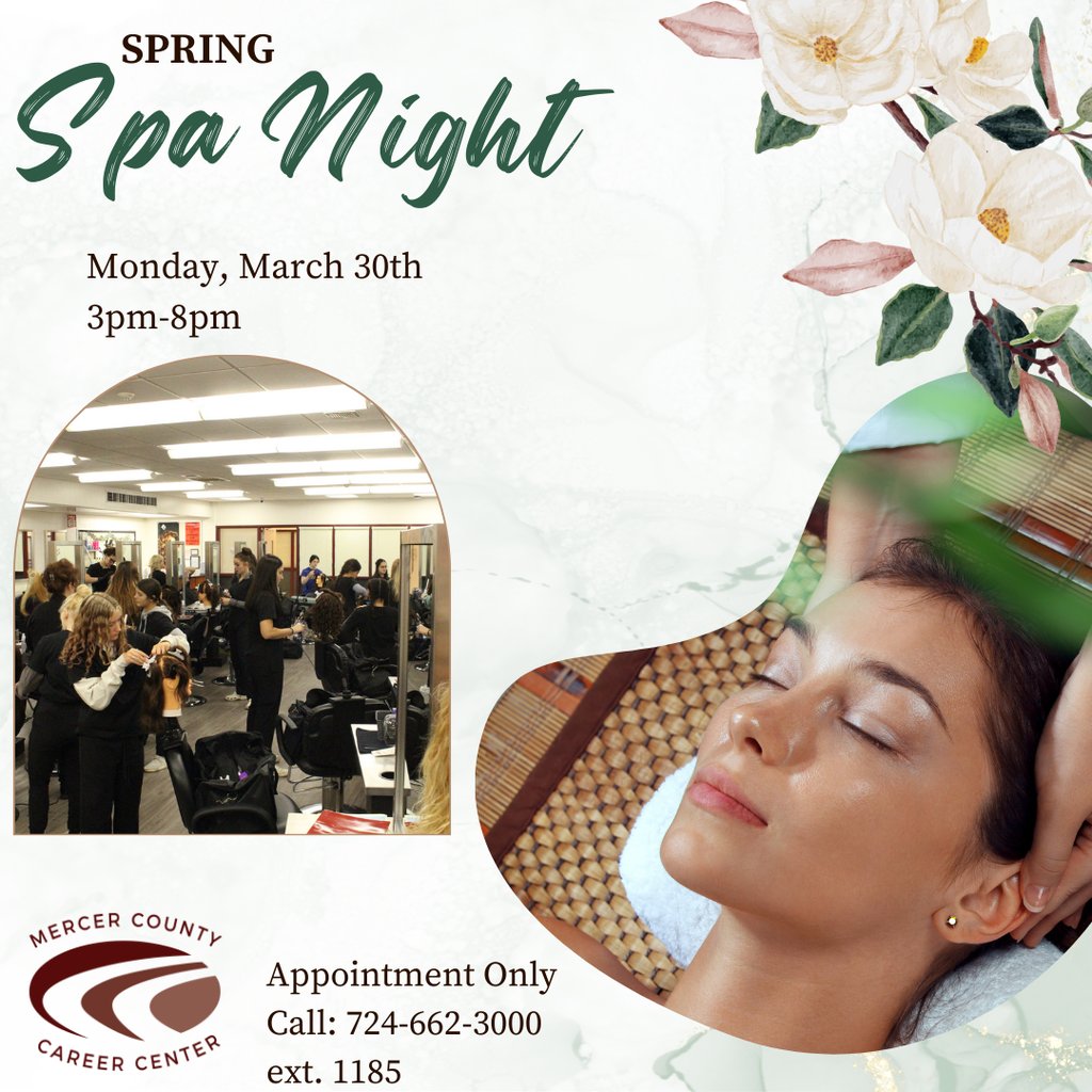 MercerCCC's tweet photo. It's coming up on our yearly Spa Night! March 30th from 3pm-8pm! Make sure to call and schedule an appointment now before all the slots fill up! https://t.co/XmVfAdzWGu