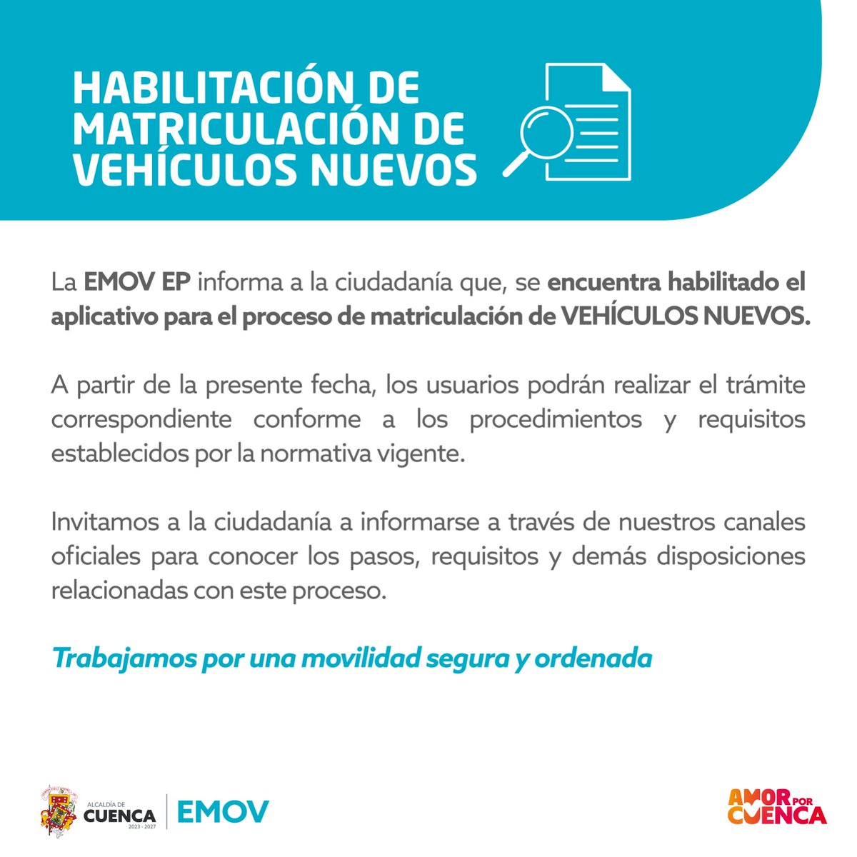 🚗📄 La EMOV EP informa que ya está activo el aplicativo para realizar la matriculación de vehículos nuevos.

<a href="/czamoramatute/">Cristian Zamora M</a> 
<a href="/MunicipioCuenca/">Municipio Cuenca</a>
