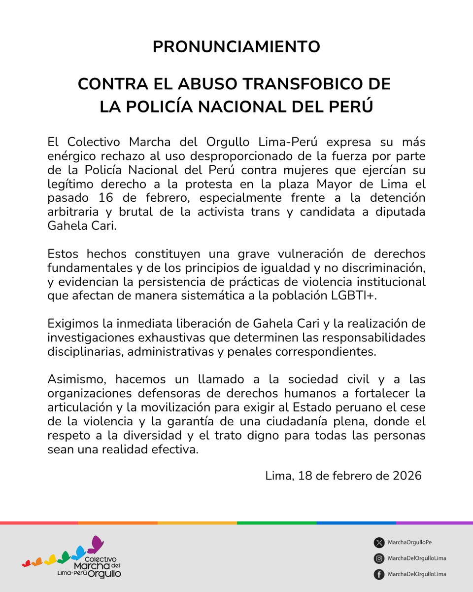 MarchaOrgulloPe's tweet photo. 📢 PRONUNCIAMIENTO 🏳️‍🌈🏳️‍⚧️
Reafirmamos nuestro compromiso con la defensa de la dignidad, la igualdad y el respeto.
¡No a la violencia institucional!
¡No a la transfobia!
Los derechos humanos se garantizan, no se negocian.
#NoALaTransfobia #OrgulloLima https://t.co/Lk7Ym1rBOH