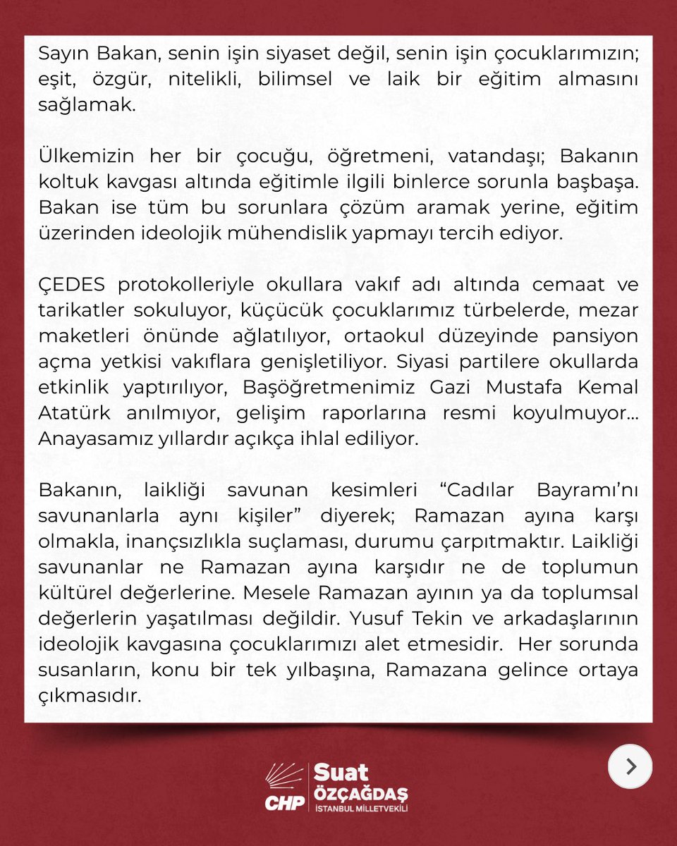 Suat_Ozcagdas's tweet image. Okullarımızda Ramazan Ayı Etkinlikleri Hakkında Açıklamamız👇👇👇

"Laikliği savunanlar ne Ramazan ayına karşıdır ne de toplumun kültürel değerlerine. Mesele Ramazan ayının ya da toplumsal değerlerin yaşatılması değildir. Yusuf Tekin ve arkadaşlarının ideolojik kavgasına