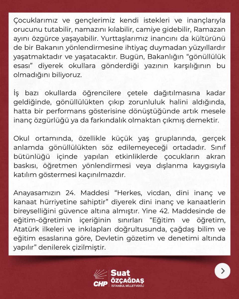Suat_Ozcagdas's tweet image. Okullarımızda Ramazan Ayı Etkinlikleri Hakkında Açıklamamız👇👇👇

"Laikliği savunanlar ne Ramazan ayına karşıdır ne de toplumun kültürel değerlerine. Mesele Ramazan ayının ya da toplumsal değerlerin yaşatılması değildir. Yusuf Tekin ve arkadaşlarının ideolojik kavgasına