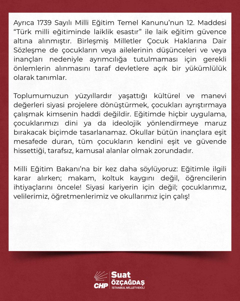 Suat_Ozcagdas's tweet image. Okullarımızda Ramazan Ayı Etkinlikleri Hakkında Açıklamamız👇👇👇

"Laikliği savunanlar ne Ramazan ayına karşıdır ne de toplumun kültürel değerlerine. Mesele Ramazan ayının ya da toplumsal değerlerin yaşatılması değildir. Yusuf Tekin ve arkadaşlarının ideolojik kavgasına