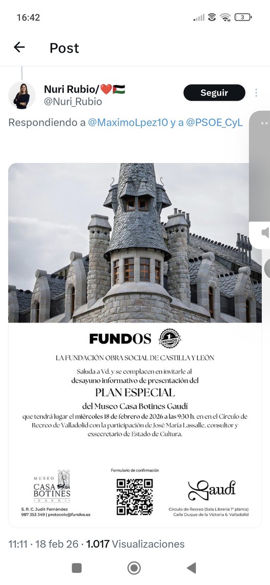 Mi paisana lacianiega me bloqueó por decirle que es una traidora a León. Hoy pública esto... El plan del Museo Botines lo presentan en Valladolid y no en León. ¿No eres una traidora <a href="/Nuri_Rubio/">Nuri Rubio/❤️🇵🇸</a> <a href="/PSOE_CyL/">PSOE Castilla y León</a> ?