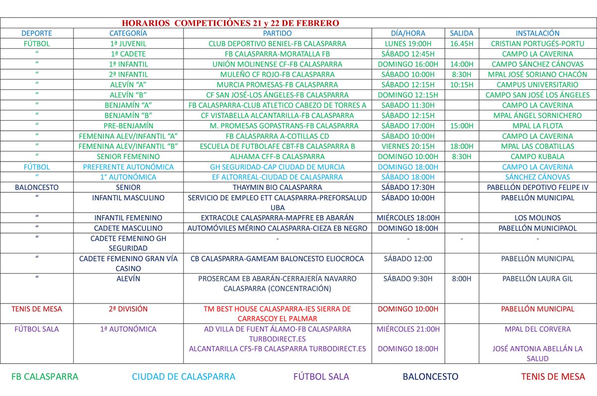 Horarios deportivos del fin de semana (21 y 22 de febrero) 🏀🥎⚽

#DeportesCalasparra