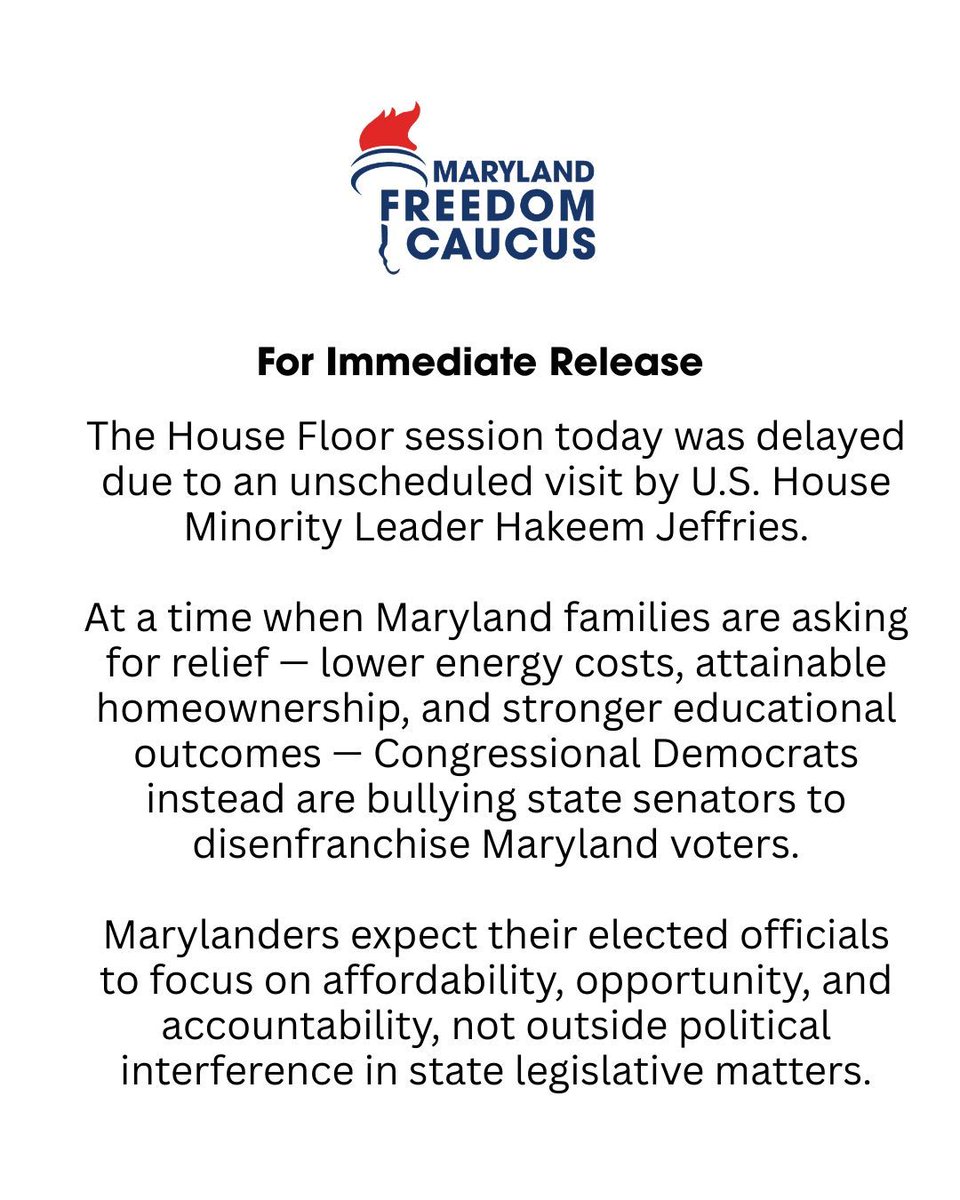 Breaking 🚨 Today’s House Floor session was delayed 25 minutes thanks to an unscheduled visit from Congressional House Minority Leader Hakeem Jeffries. Instead of focusing on the real issues Marylanders care about, like lower energy bills, affordable housing, and better schools, 
