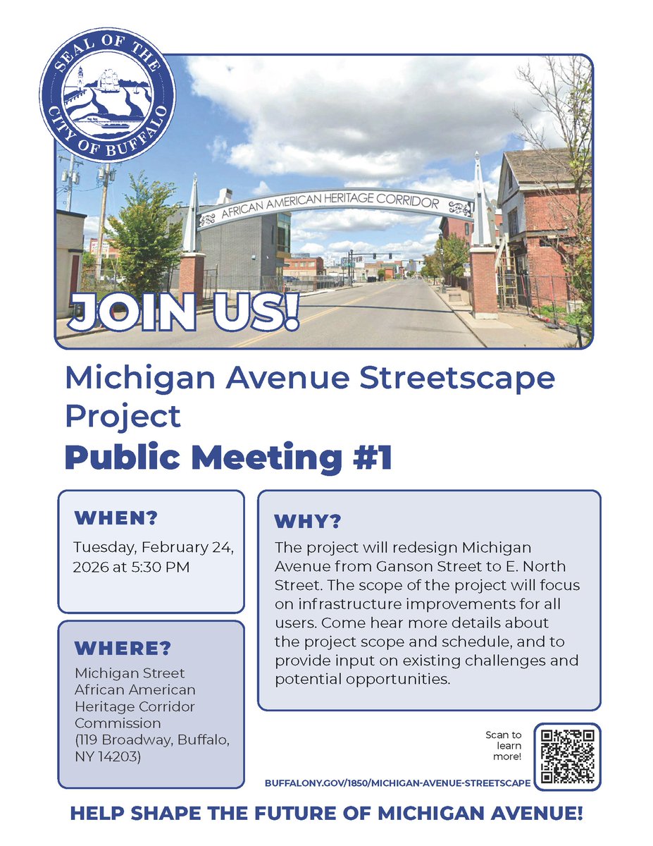 The City of Buffalo Dept. of Public Works is in the preliminary design phase for improvements to Michigan Ave (Ganson St → E. North St), including potential pedestrian, vehicle &amp; bike upgrades.

Join the first public meeting:
Tues, Feb 24, 2026
5:30 PM
119 Broadway