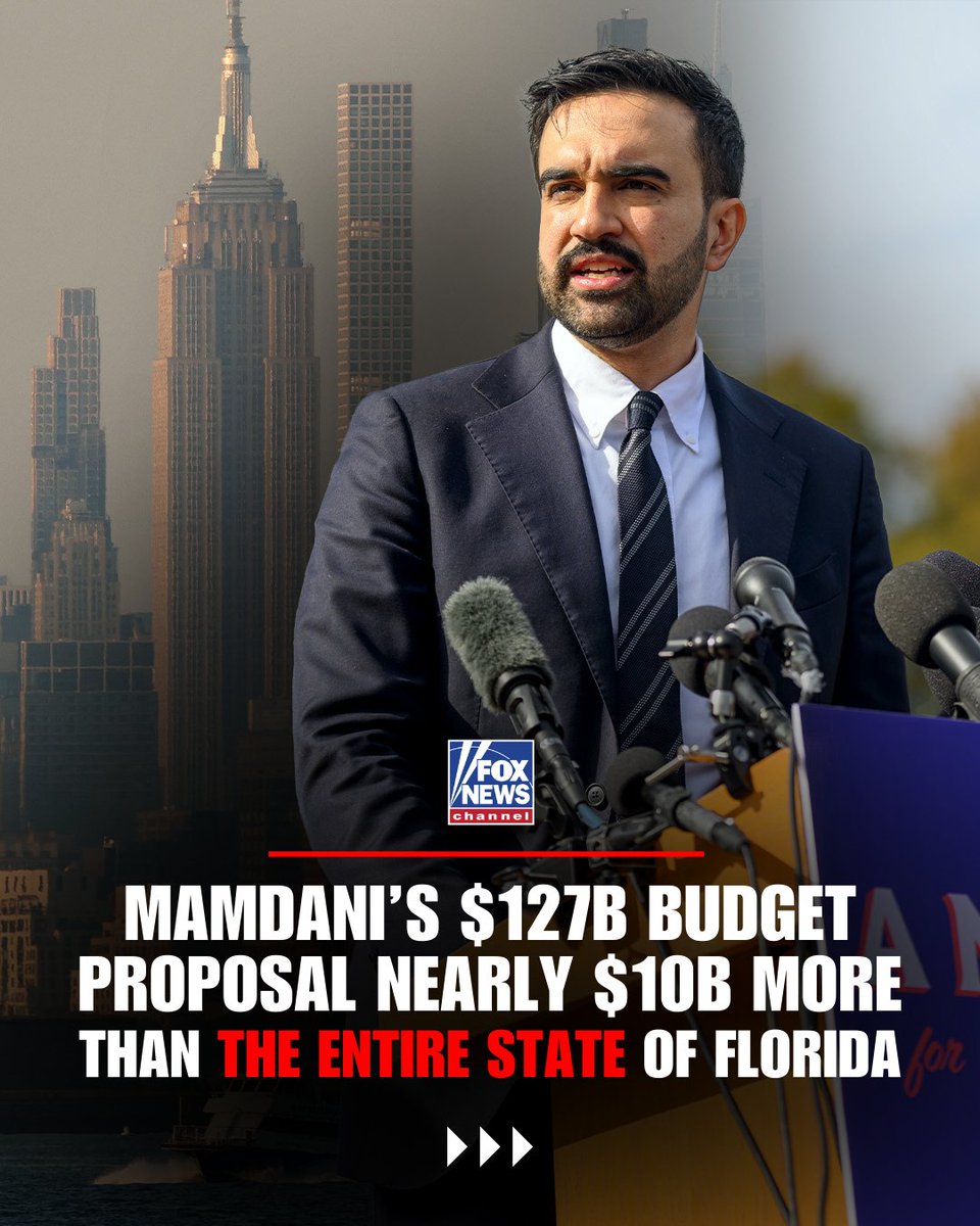 FoxNews's tweet photo. PALM TREES NOT INCLUDED: NYC Mayor Zohran Mamdani’s new $127B proposal for New York City is now nearly $10B higher than the entire state budget of Florida — despite Florida having nearly 3x the population. https://t.co/heuV544VPQ