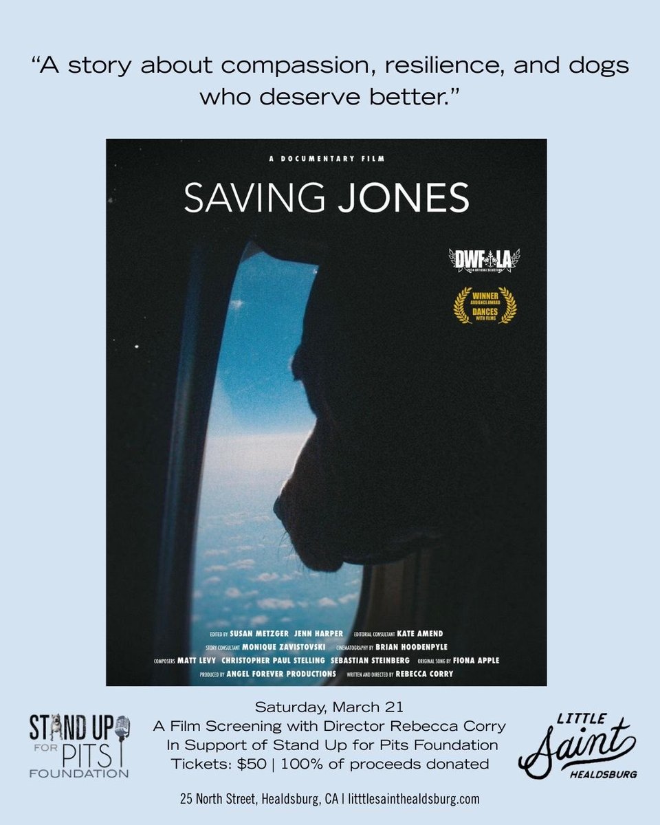SUFPFoundation's tweet photo. SPECIAL SCREENING OF OUR AWARD WINNING DOCUMENTARY "Saving Jones" happens March 21st at the beautiful Little Saint in wine country! Get to this!!! 🍷
🎟️ https://t.co/MzqLi1eIP5
PLEASE RT!🙏🏻
#standupforpits #screening #documentary #angelforever #inherentlygood https://t.co/3Z1AukOtLp