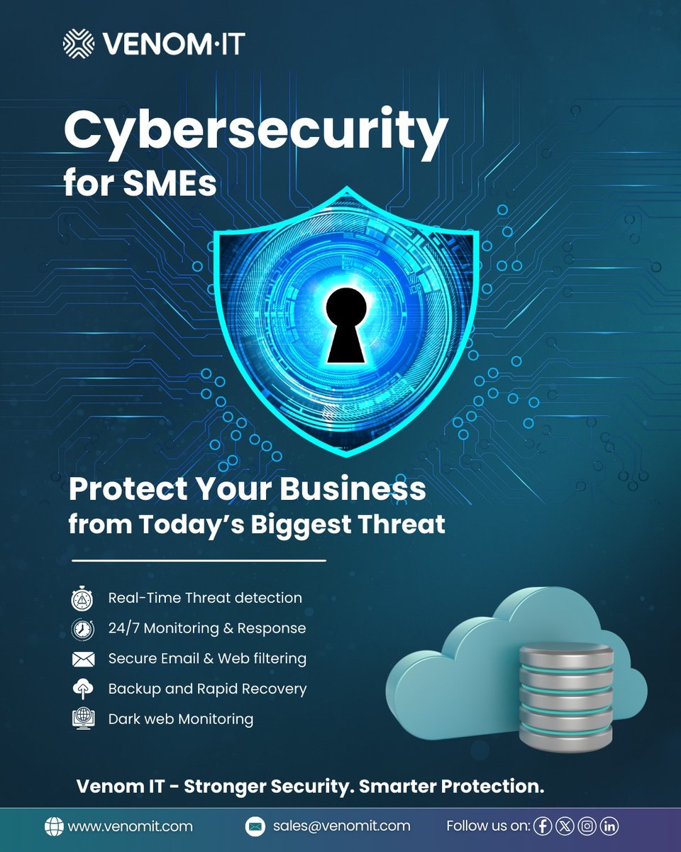 Cyber threats don’t just target big corporations — SMEs are often the easiest targets. That’s why having the right protection in place isn’t optional anymore.  Our #𝐂𝐲𝐛𝐞𝐫𝐬𝐞𝐜𝐮𝐫𝐢𝐭𝐲𝐒𝐞𝐫𝐯𝐢𝐜𝐞𝐬 are designed specifically for growing businesses. 

#VenomIT