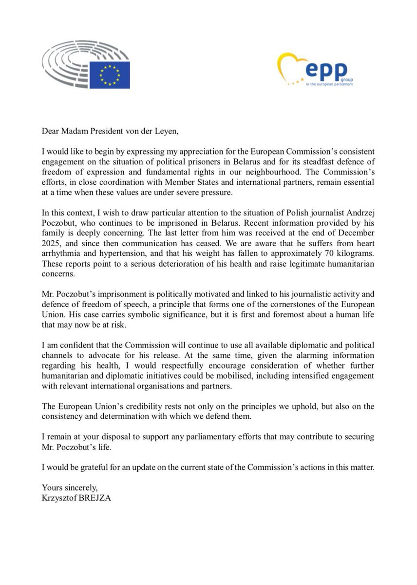 🇵🇱 Today I wrote to President <a href="/vonderleyen/">Ursula von der Leyen</a> about Polish journalist Andrzej Poczobut, imprisoned in Belarus
No contact since December 2025. Reports point to serious health deterioration.
I urged the European Commission to intensify efforts for his release and provide an update.