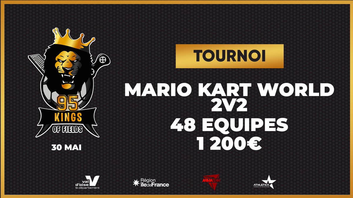 #95KOF 🦁

🏆 Tournoi MarioKart World 2v2 <a href="/frenchy_karts/">Frenchy Karts</a>
🗓 30 Mai
🎮 48 Duos
💶 1 200€ de cashprize

📍 <a href="/Athletica_95/">ATHLETICA</a> <a href="/valdoise/">Département du Val d'Oise</a> <a href="/iledefrance/">Région Île-de-France</a>

✏️ Inscriptions : start.gg/tournament/95-…
🔗 Discord : discord.gg/HJN2D6VXXp