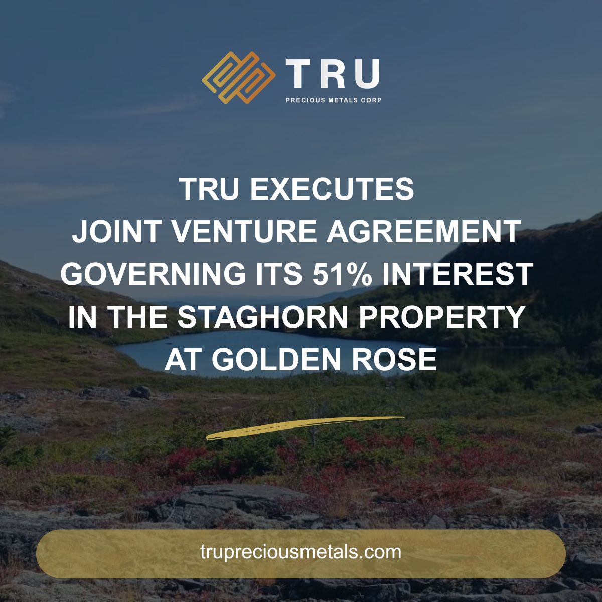 MetalsTru's tweet photo. $TRU.V NEWS- TRU Executes Joint Venture Agreement Governing Its 51% Interest In The Staghorn Property At Golden Rose
Find out more: https://t.co/ToeFoPzRPJ

#TSXV #TRU #miningnews #smallcaps #goldnews https://t.co/nSfwawoQvl