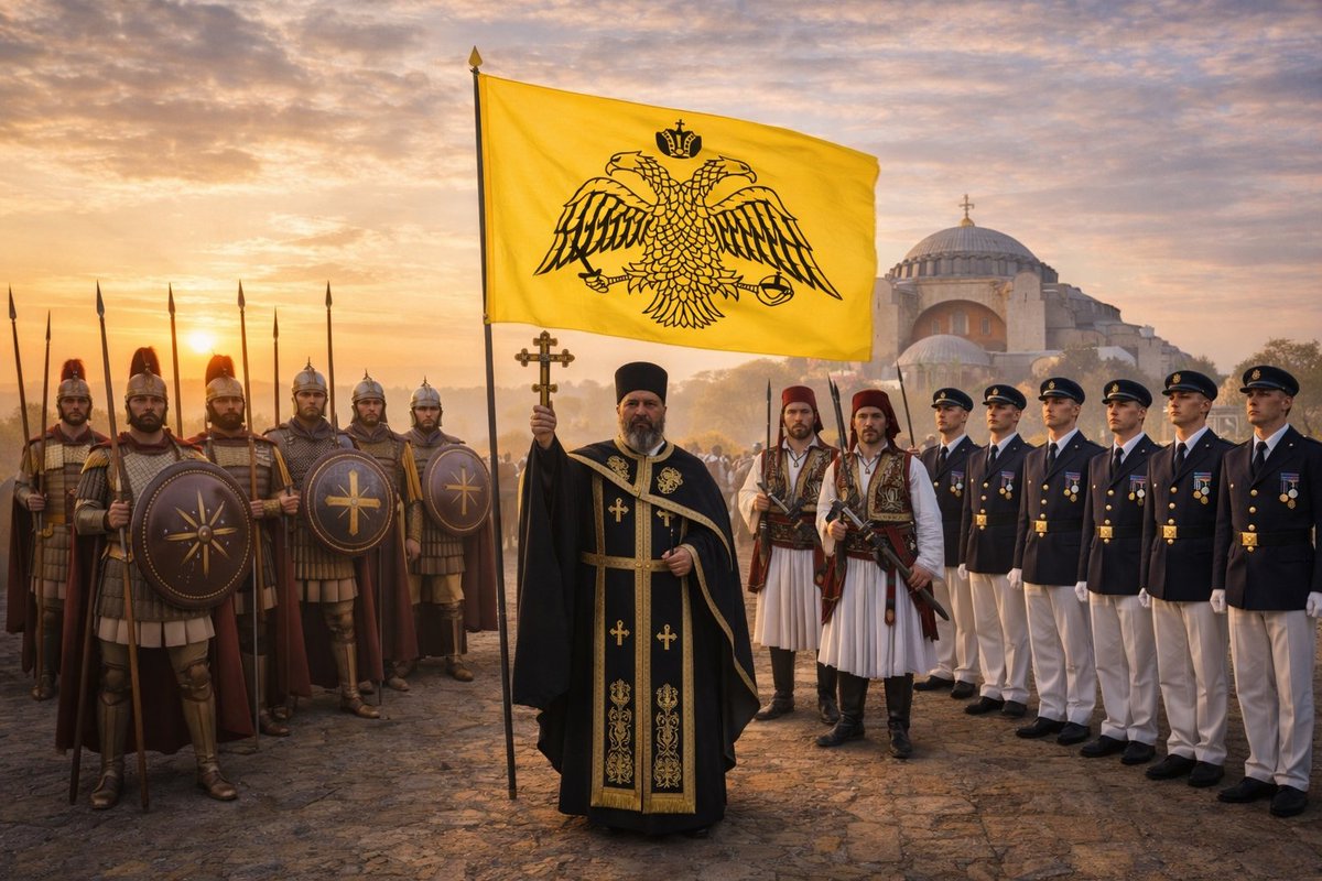 By me 😌
☦️💛🦅🇬🇷✴️
A Romioi Orthodox priest raises the golden double-headed eagle flag before four eras in a line — Alexander’s Macedonians, Eastern Romioi, 1821 Romioi revolutionaries, and the modern Romioi army. One history, one enduring legacy.