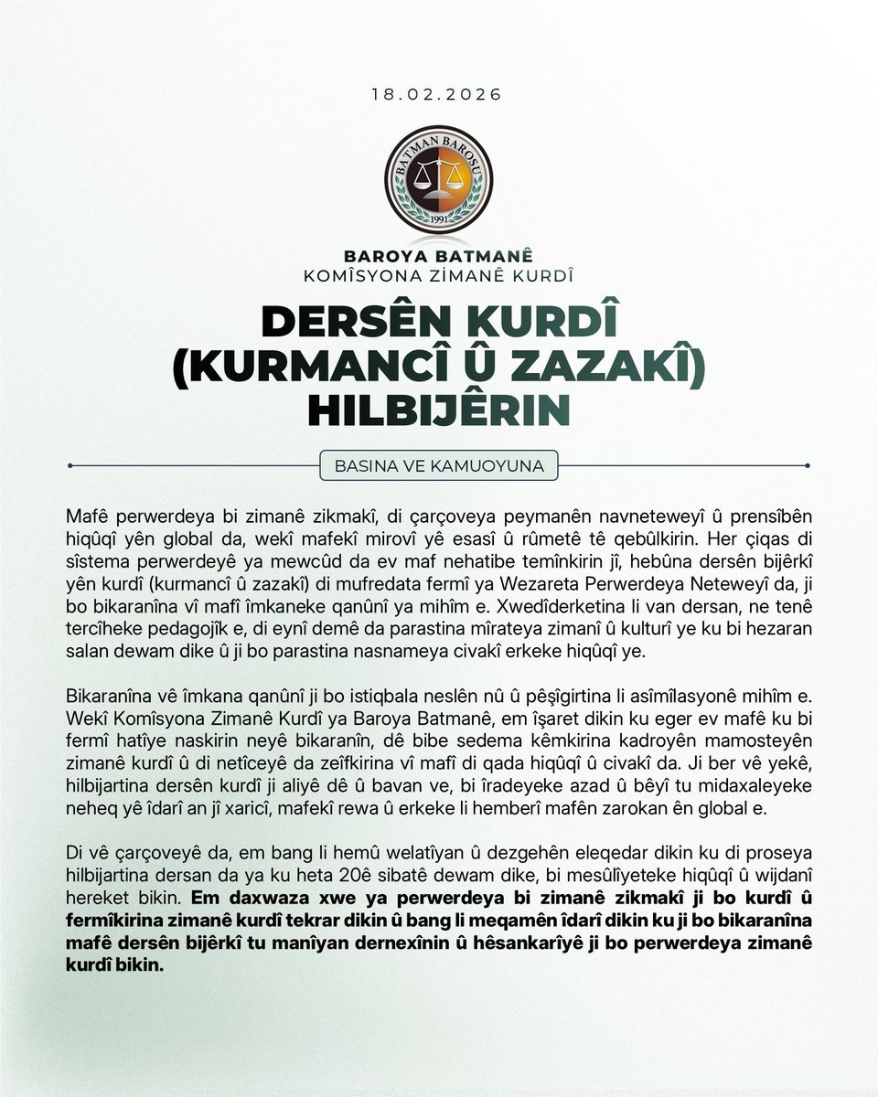 bbzimanekurdi's tweet photo. Heta 20ê mehê zarokên sinifên 5-6-7-8ê karin dersên #kurdî yên #kurmancî û #zazakî hilbijêrin. 

Em xweyî li zimanê xwe derkevin!

#ZimanêKurdî https://t.co/srndL6kq4W
