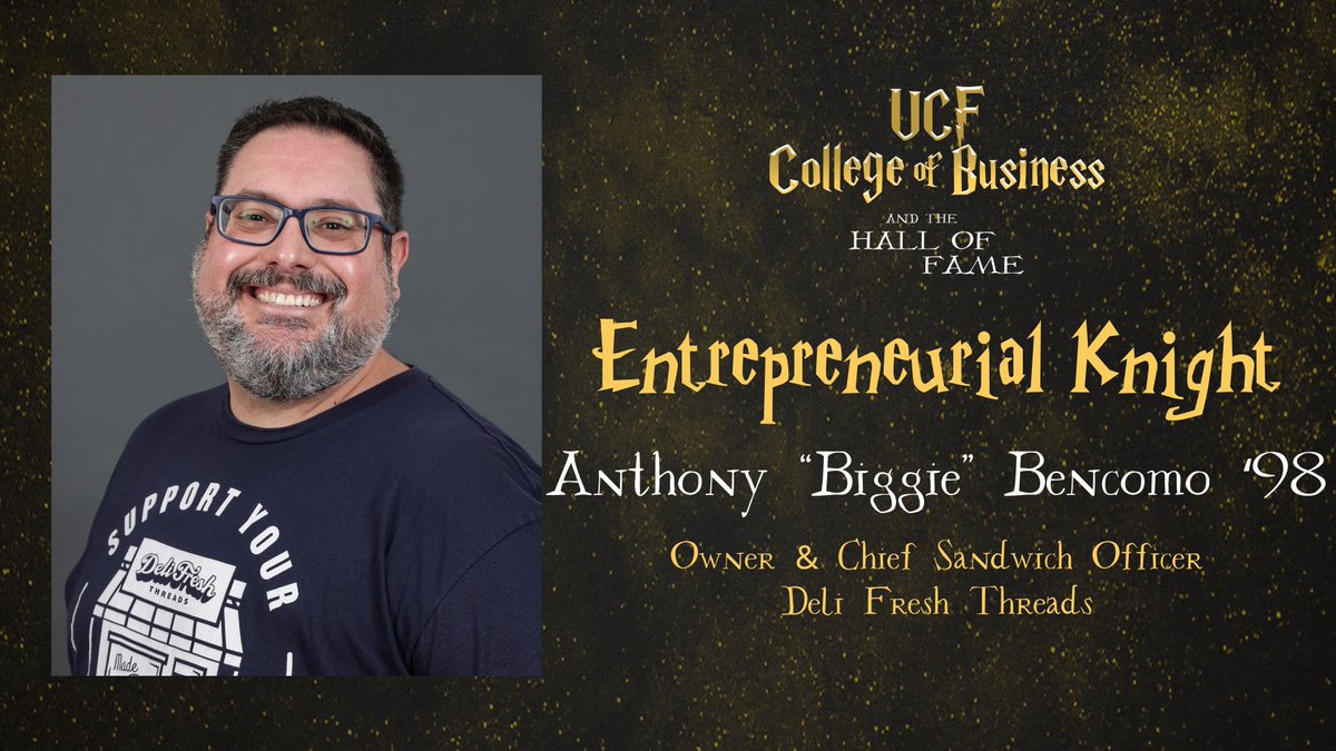 UCFBusiness's tweet photo. Our next Entrepreneurial Knight is Anthony "Biggie" Bencomo, Owner &amp; Chief Sandwich Officer of Deli Fresh Threads! When he isn't designing shirts &amp; cheering on the Knights, Biggie can be found as the Talent Acquisition Senior Analyst at Lockheed Martin. #ChargeOn #BusinessKnights https://t.co/gG0Uvmmn8P