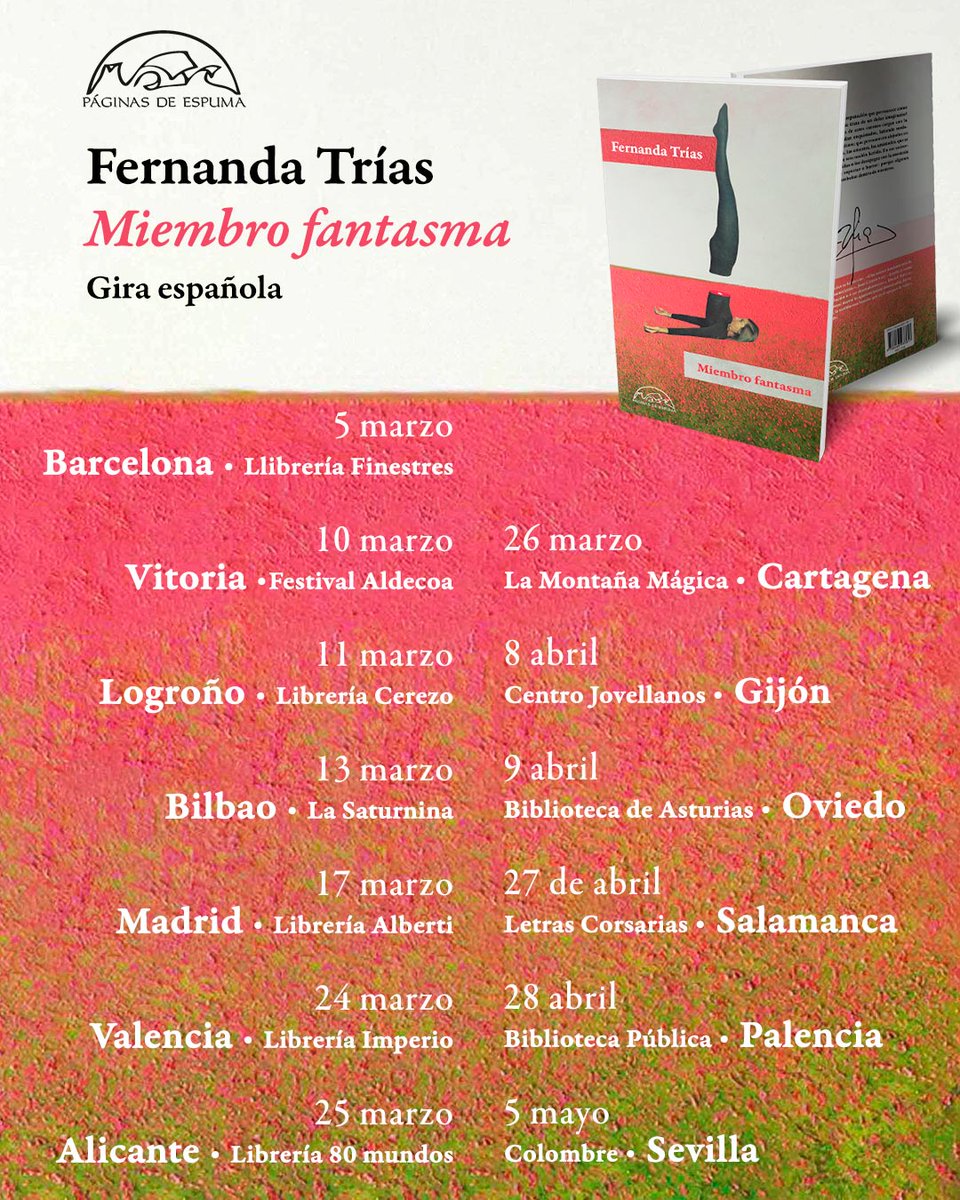 Miembro fantasma, de Fernanda Trías, estará en España y Colombia a partir del 4 de marzo. En el cartel podéis ver todas las ciudades españolas donde se presentará el libro, y aquí un cuento de adelanto que publicó <a href="/infobae/">infobae</a> ⬇️
🔗n9.cl/m0m9h
🛒n9.cl/836kc