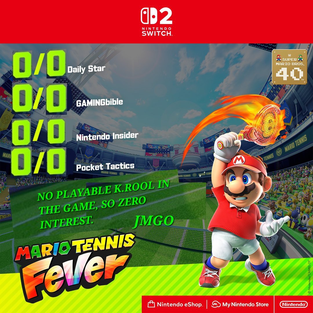 JMGONINTENDO64's tweet photo. The only scores Tennis Fever should be getting. It has a major flaw (apart from the bad 70$ price tag). #MarioTennis #MarioTennisFever #NintendoSwitch2 #Krool #WheresKRool #KroolIsTheBest https://t.co/CYwPElMpvU