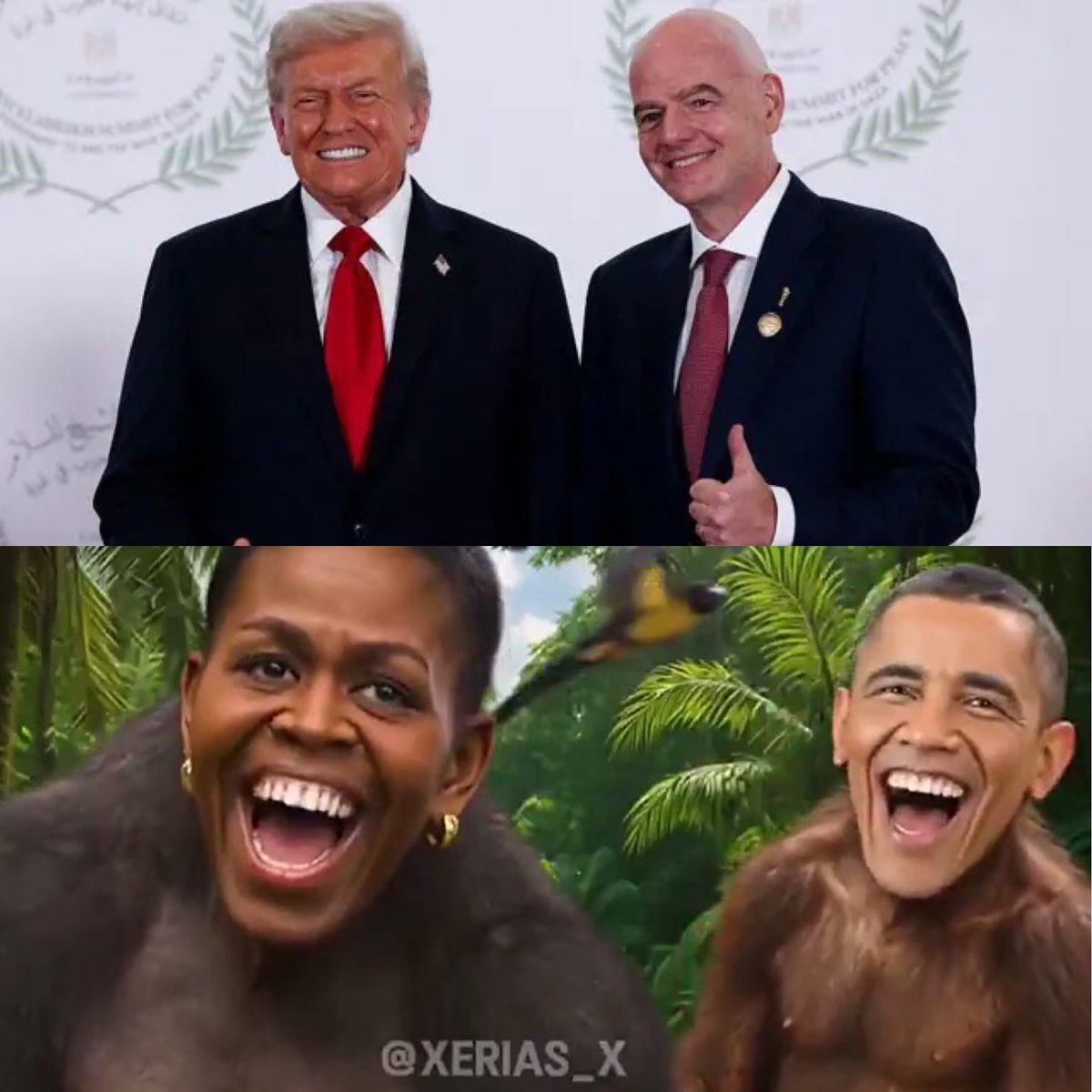 El interesado Infantino sale a pedir responsabilidades por los presuntos insultos racistas a Vinicius. ¿Le habrá reprochado a su amiguito Trump el meme racista sobre los Obama…?
Menudo hipócrita…