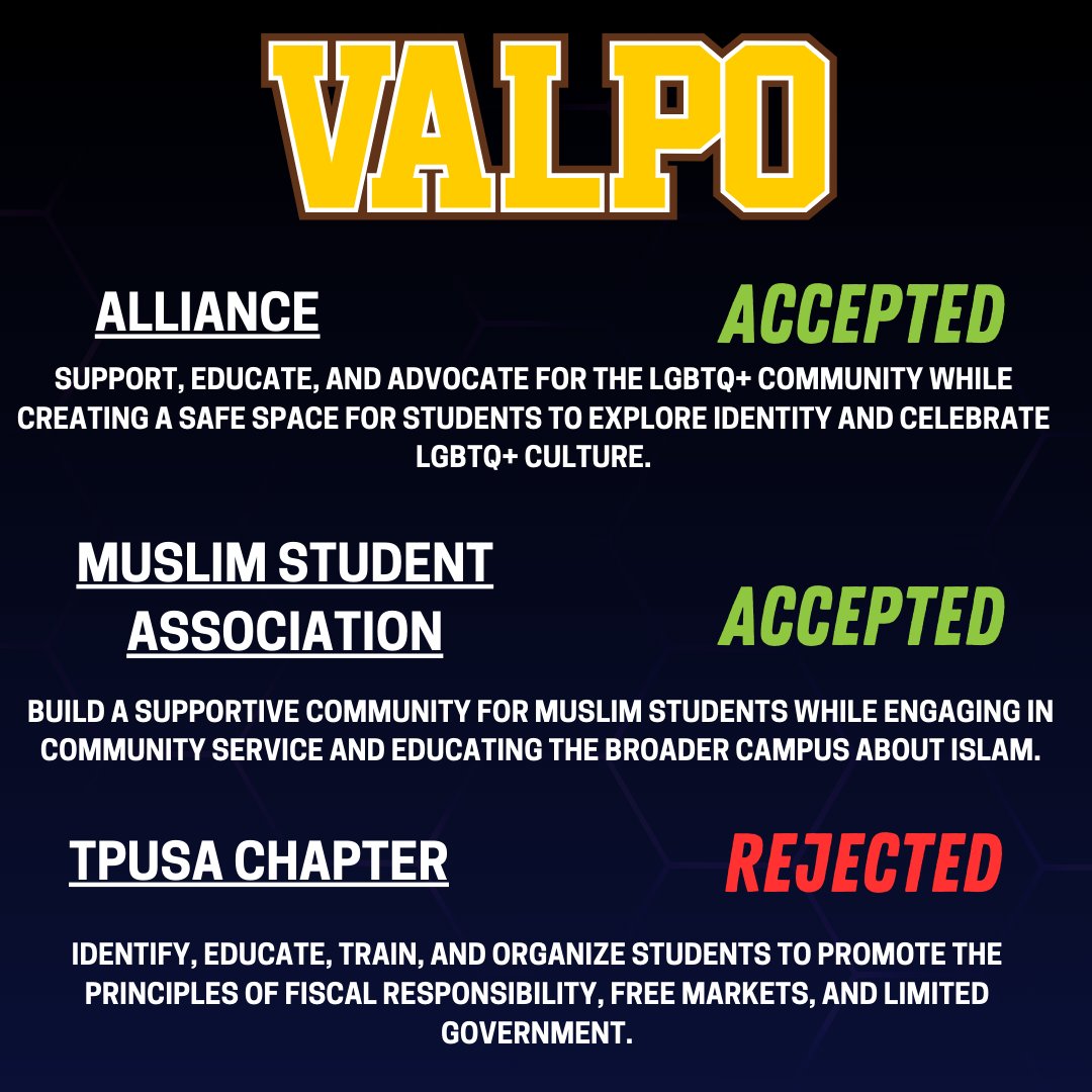 Last week, <a href="/TPUSA/">Turning Point USA</a> was denied having a chapter on the campus of Valparaiso University for allegedly being too “partisan.”

After comparing the Turning Point USA mission statement with those of other student organizations already on campus, I think <a href="/ValpoU/">Valparaiso University</a> owes us all an