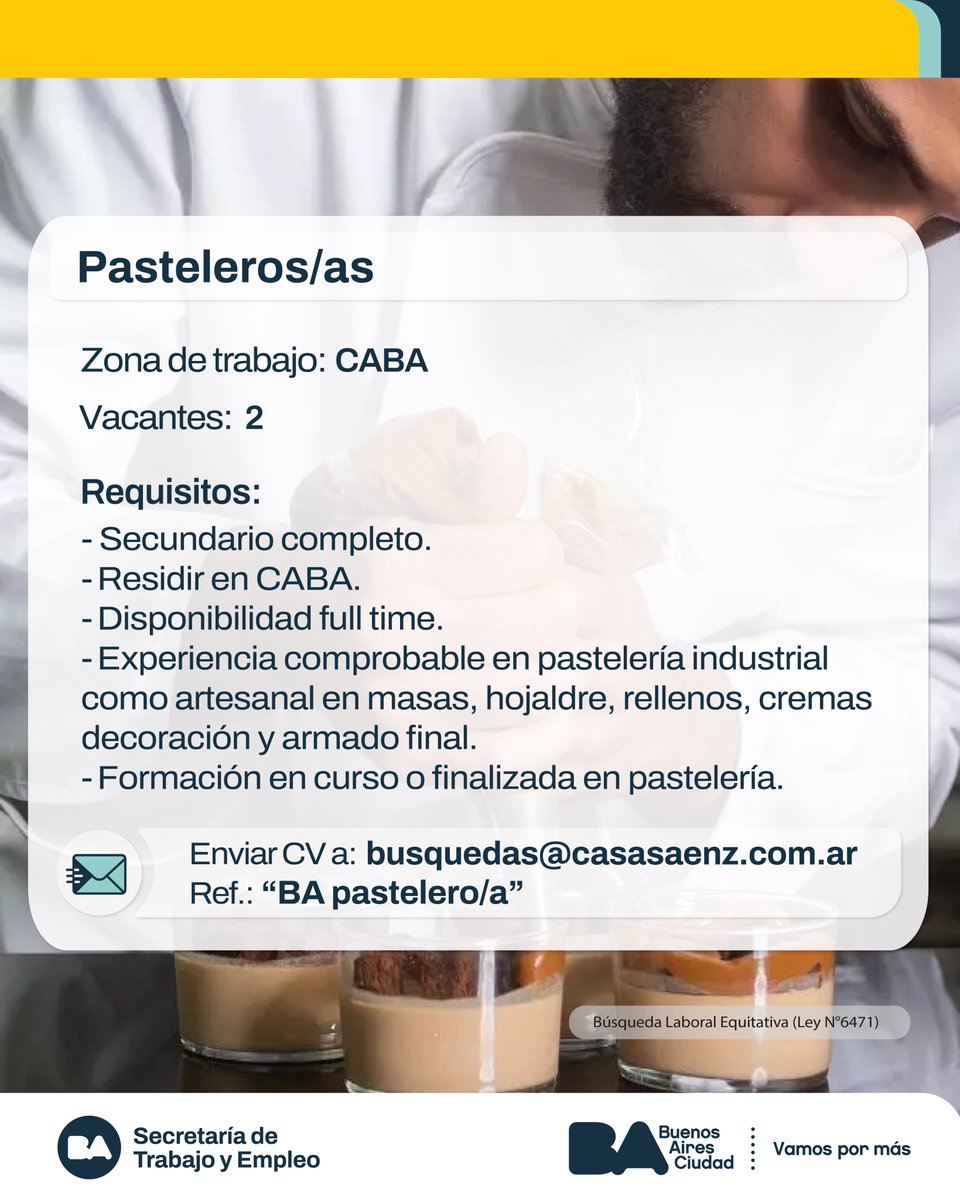 Pasteleros/as

Tareas :
Elaboración diaria de los productos de pastelería.
Control de fermentación y horneado.
Decoración y presentación de productos para su exhibición.
Cumplimiento de normas de seguridad e higiene.

Enviar CV: busquedas@casasaenz.com.ar