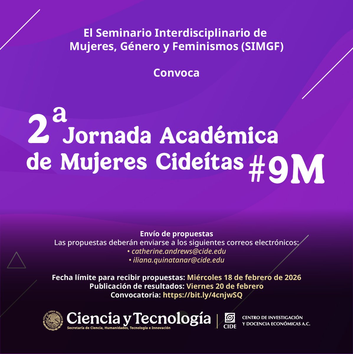 #AgendaCIDE | El Seminario Interdisciplinario de Mujeres, Género y Feminismo convoca a la 2a Jornada Académica de Mujeres Cideítas #9M.

¡Tienes hasta el 18 de febrero para enviar tu propuesta!

📩 catherine.andrews@cide.edu | iliana.quintanar@cide.edu
🔗 bit.ly/4cnjwSQ