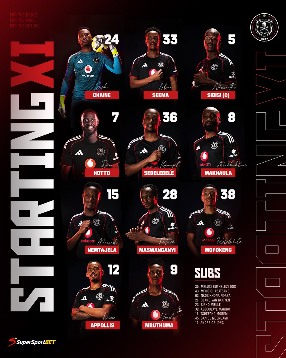 𝐎𝐮𝐫 𝐗𝐈 ☠️

⚫⚪🔴⭐
#MatchDay
#OrlandoPirates
#OnceAlways