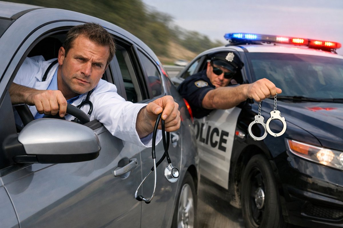 Dad's pager went off, summoning him to the hospital, where he is an anesthetist. As he raced toward the hospital, a patrol car sped up behind him--lights flashing.  Dad hung his stethoscope out the window to signal that he was on an emergency call.  Within seconds, came the