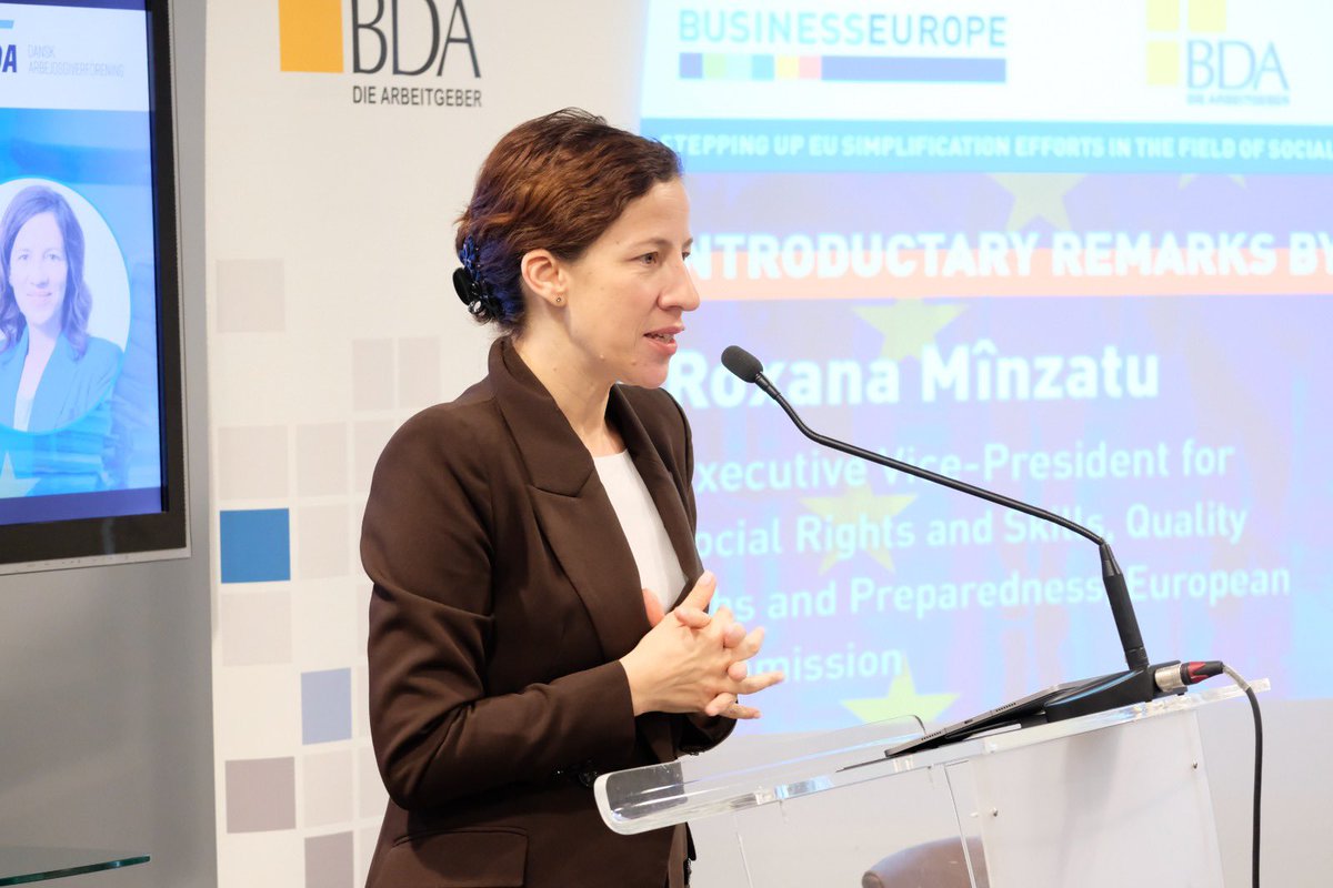RoxanaMinzatu's tweet photo. Constructive exchange this afternoon with representatives of @BusinessEurope. 

Continuous dialogue with businesses and social partners is essential to deliver better policymaking that strengthens resilience and competitiveness. 

Companies need the right support to create quality jobs for Europeans.