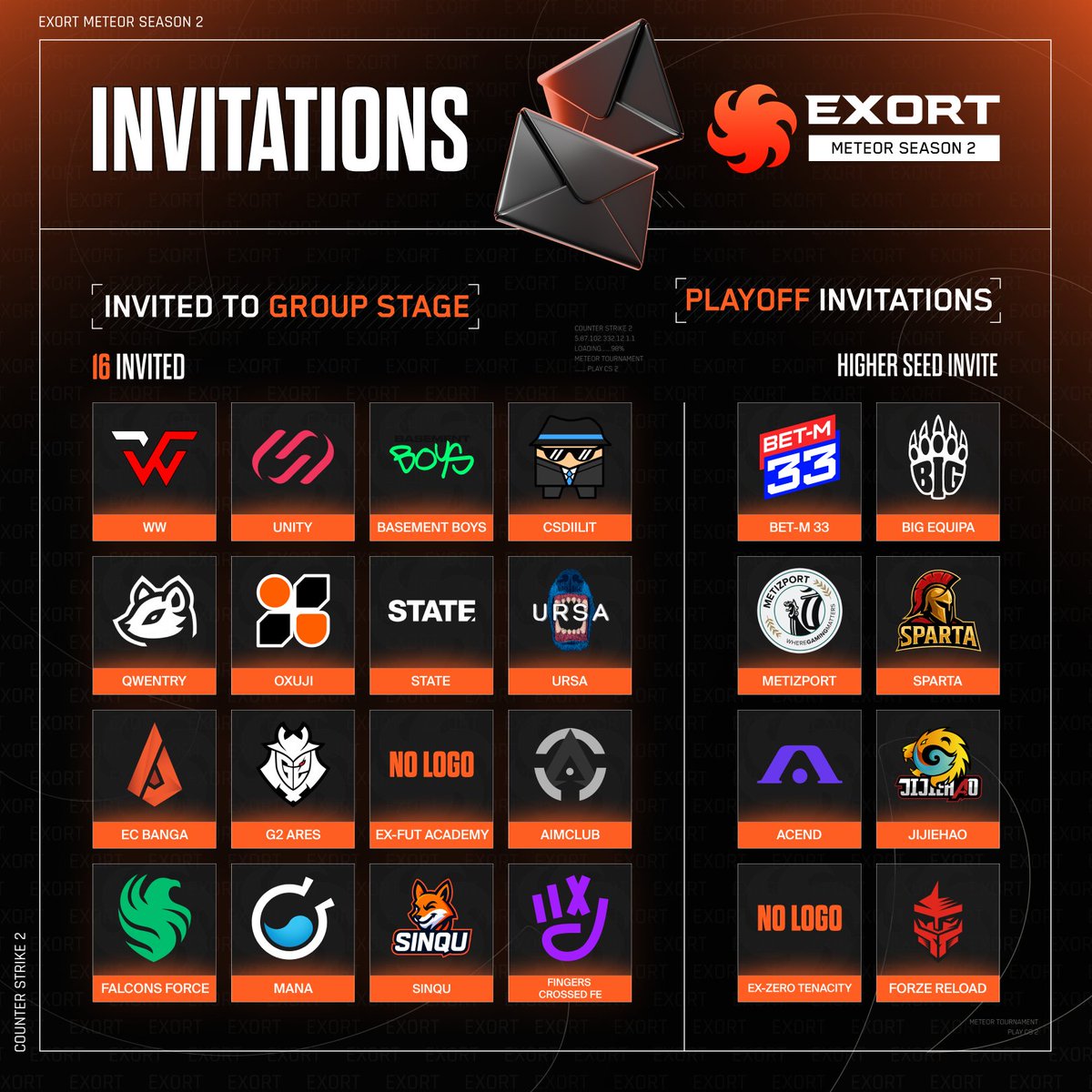 Exort Meteor Season 2 - Teams Fight for Glory ☄️

24 teams take part.
16 teams play in the Group Stage - only 8 move forward.
8 teams with the highest VRS start directly in the Playoffs.

Countdown has begun. Matches start soon.

#ExortMeteor #CS2