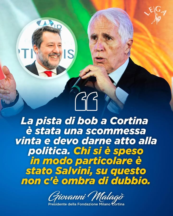 LegaSalvini's tweet photo. 👏 Giovanni Malagò (Presidente della Fondazione Milano Cortina): “La pista di bob a Cortina è stata una scommessa vinta e devo darne atto alla politica. Chi si è speso in modo particolare è stato Salvini, su questo non c'è ombra di dubbio”. https://t.co/K3WhpJ1cfl