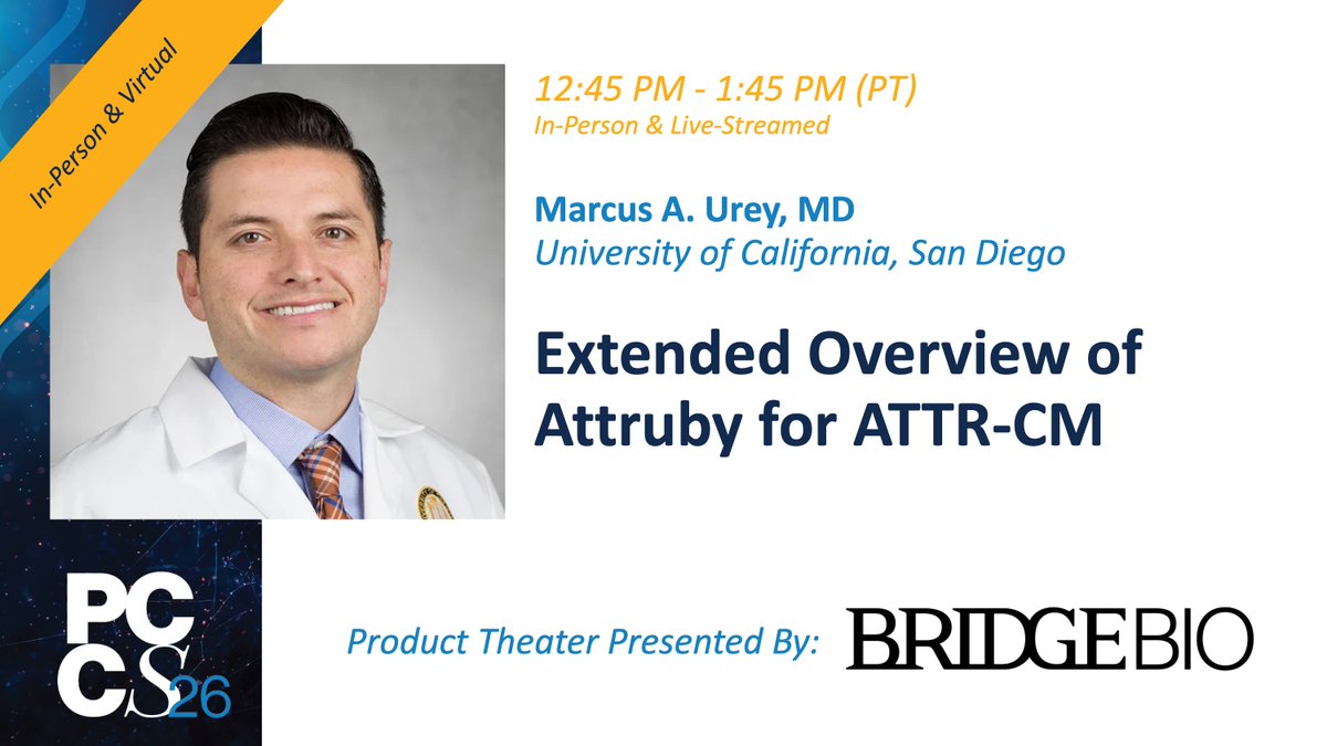 PrecisionCardio's tweet photo. Midday at #PCCS26

Join us for our lunchtime Industry Product Theater presented by @BridgeBio:

Extended Overview of #Attruby for ATTR-CM
🕧 12:45–1:45 PM (PT)
🎙️ Marcus A. Urey, MD | @UCSDHealth 

*In-person + live-streamed.* https://t.co/jrgMtJeI0J