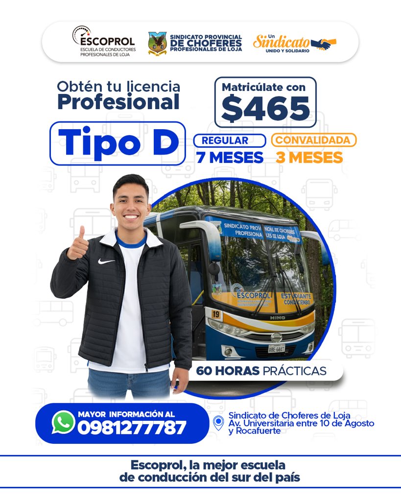 🚍✨ ¡Este es el momento que estabas esperando!☺️💪

Con solo $465 puedes matricularte y dar el primer paso para ser parte del nuevo curso de obtención de la Licencia Profesional Tipo D.

No dejes pasar esta oportunidad.
Mayor información al: 0981277787✅