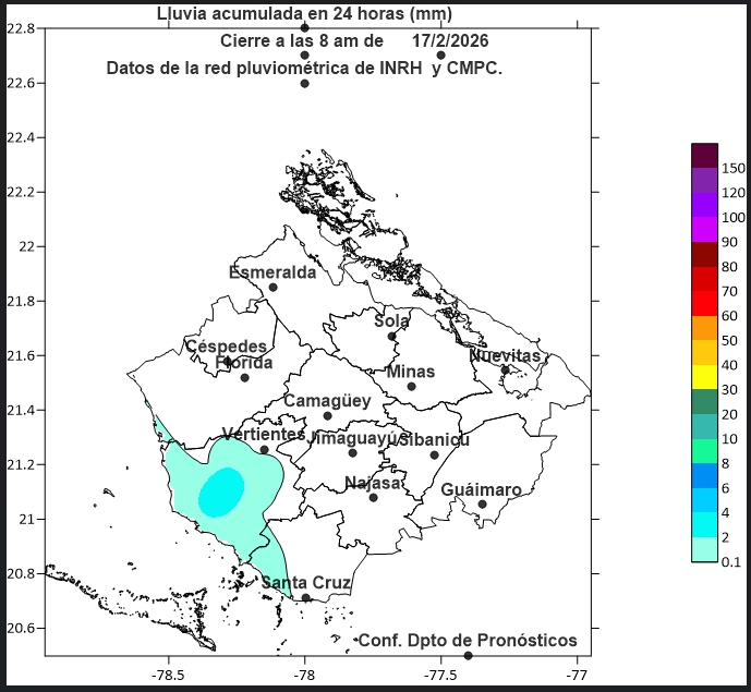 Comportamiento de las variables meteorológicas en las últimas 24 horas para la provincia de Camagüey y el mapa del acumulado de lluvia en 24 horas según información del INRH.
