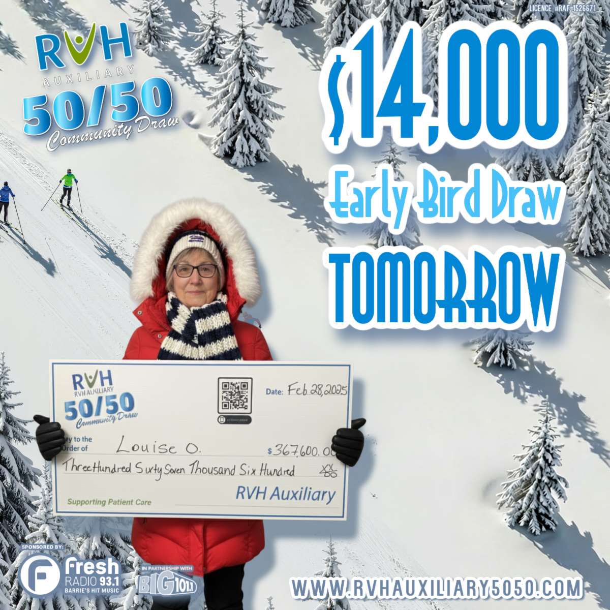 Tomorrow morning we draw the final $14,000 Early Bird.

Ticket sales close at 10:29 AM sharp.

Buy now to be eligible for:
• the $14,000 Early Bird (Feb 19)
• the February Grand Prize draw (Feb 26)

🎟 rvhauxiliary5050.com
Licence #RAF1526671