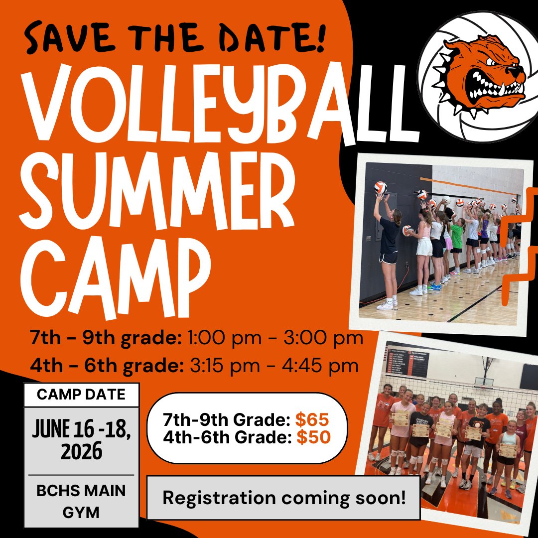 byroncentervb's tweet image. SAVE THE DATE! 🏐 Summer Volleyball Camp registration coming soon!☀️ #BCVB #GoBulldogs