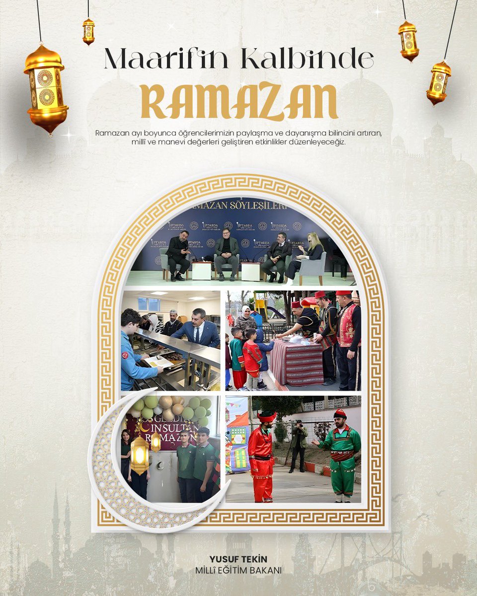 📌 Ramazan Ayında Okullarımızda “Maarifin Kalbinde Ramazan” Temalı Etkinlikler Düzenlenecek

Ramazan ayı boyunca öğrencilerimizin paylaşma bilincini geliştiren, yardımlaşma ve dayanışma duygularını güçlendiren; birlik ruhu, adalet, merhamet ve vatanseverlik gibi millî ve manevi