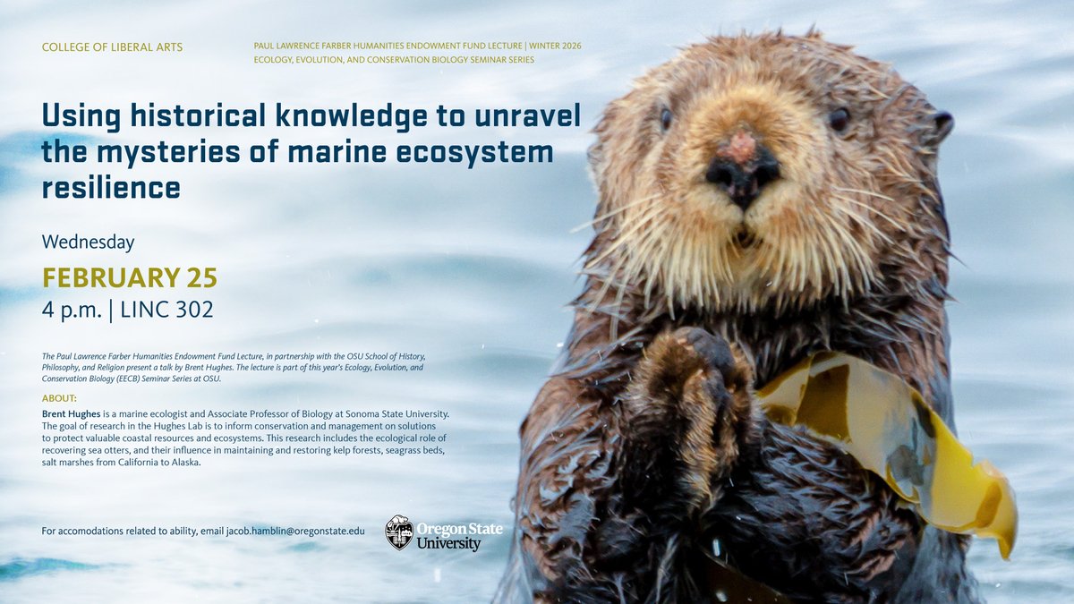 liberalartsosu's tweet photo. Using historical knowledge to unravel the mysteries of marine ecosystem resilience
Brent Hughes, Biology, Sonoma State University

Paul Lawrence Farber Humanities Endowment Fund Lecture
February 25 @ 4 pm | LINC 302
Zoom: https://t.co/hFIKqP9VUO https://t.co/xvhMmbHfkR