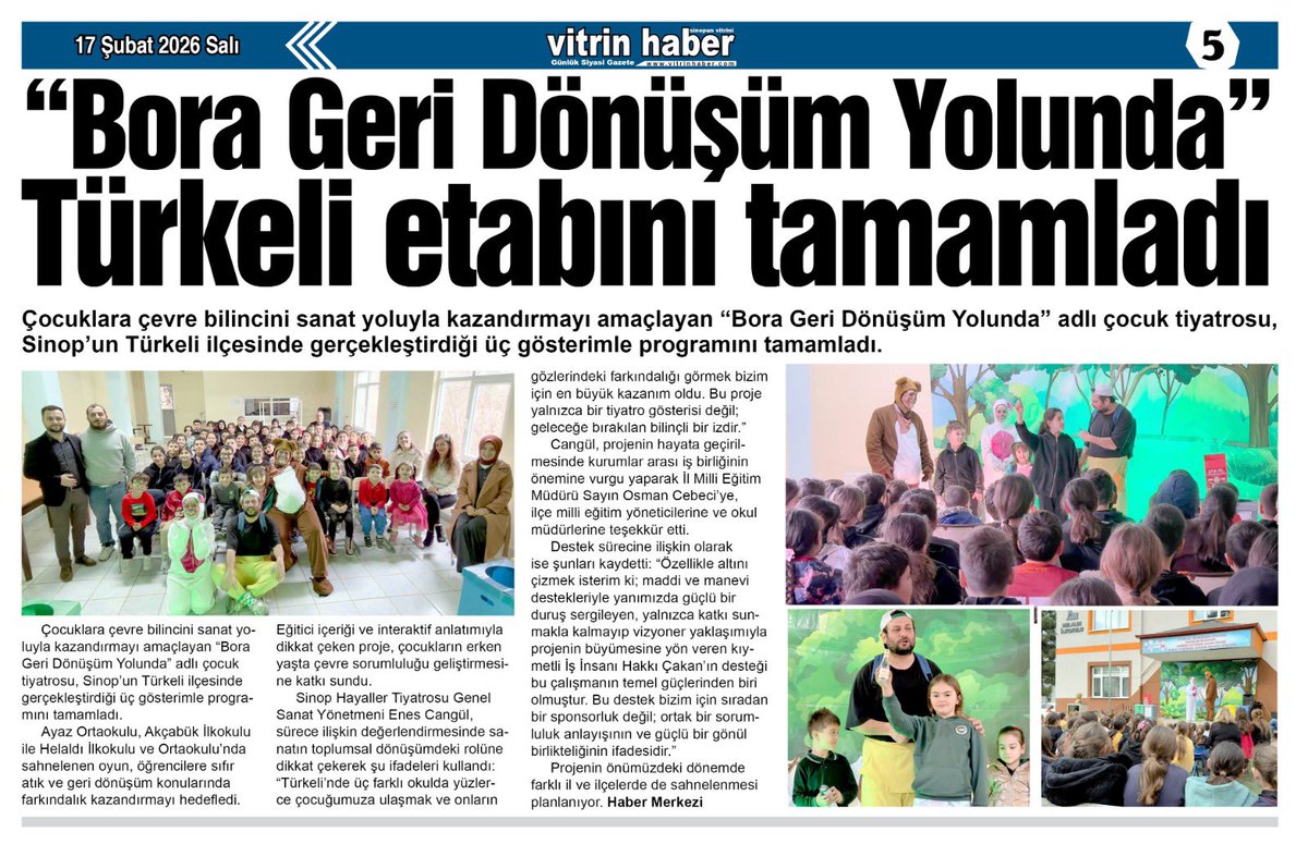🗞️🎭 Basında “Bora Geri Dönüşüm Yolunda”

Maddi ve manevi destekleriyle yanımızda dimdik duran, sadece destek vermekle kalmayıp vizyonumuza güç katan kıymetli iş insanı Hakkı ÇAKAN’a teşekkür ediyoruz.

#BoraGeriDönüşümYolunda #ÇocukTiyatrosu #SıfırAtık #GeriDönüşüm #Sinop