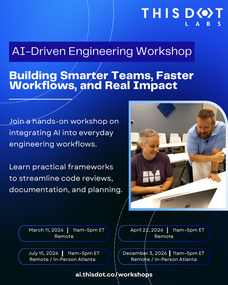 Not sure how to actually fit AI into day-to-day dev work?

March 11th (online) <a href="/ThisDotLabs/">This Dot Labs</a> is running a hands-on AI Tooling &amp; Workflow workshop covering the Spec → AI → Code → Validation loop and real multi-agent patterns!

Grab a $50 ticket with code THISDOTX 🔗👇